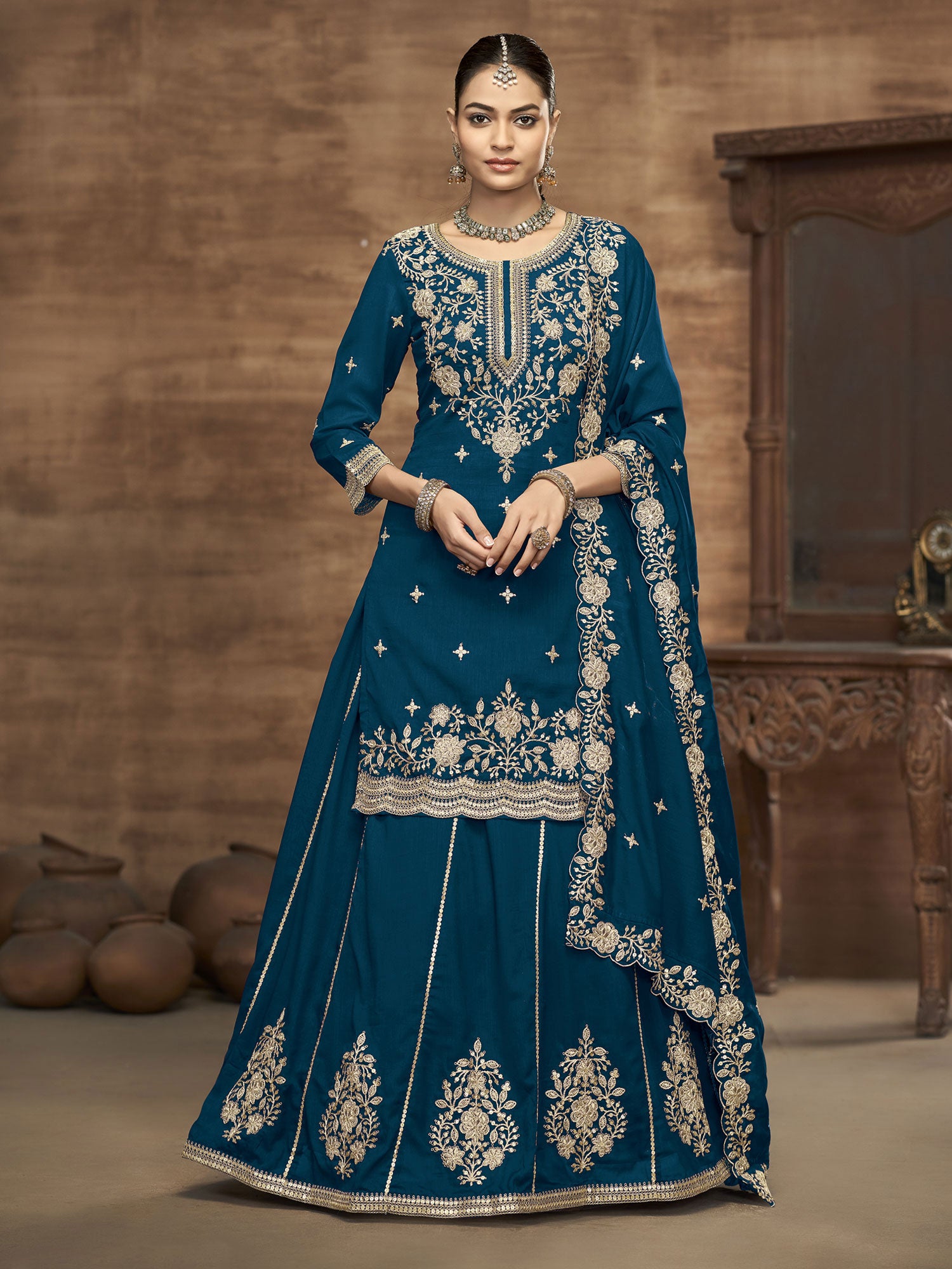 Blue Floral Augmented Indo Western Lehenga Choli