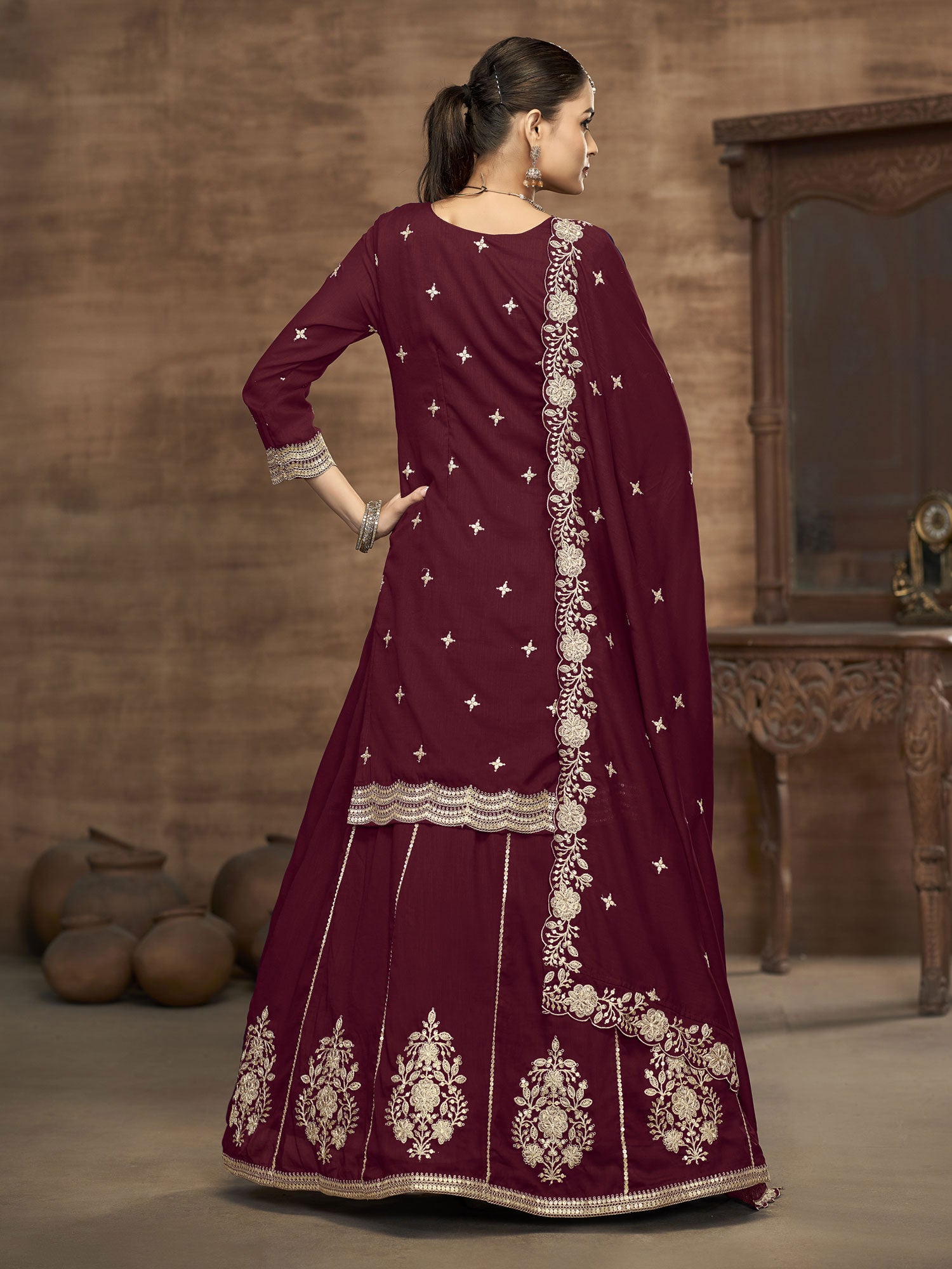 Maroon Silk Lehenga Choli In Indo Western Style