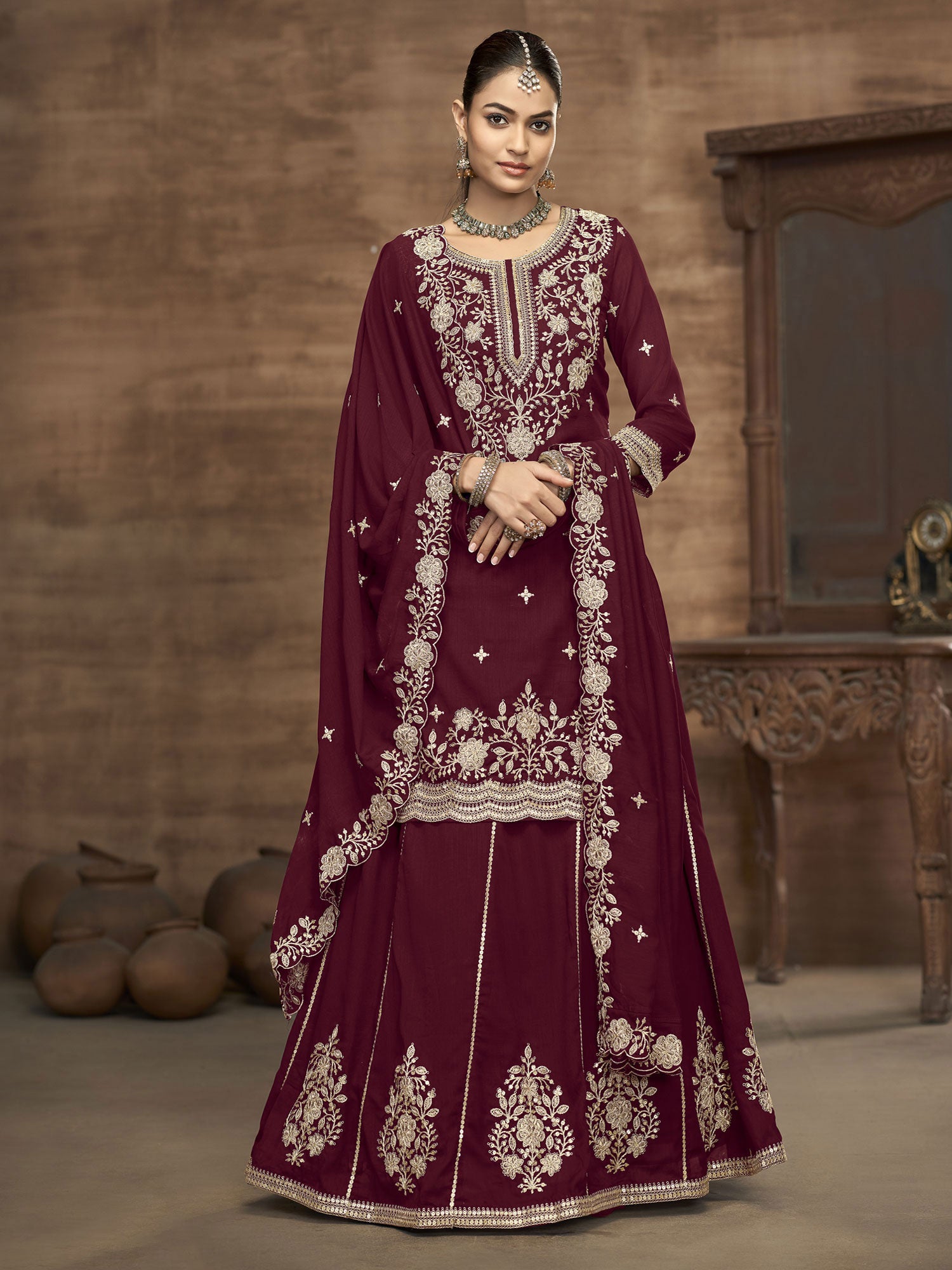 Maroon Silk Lehenga Choli In Indo Western Style
