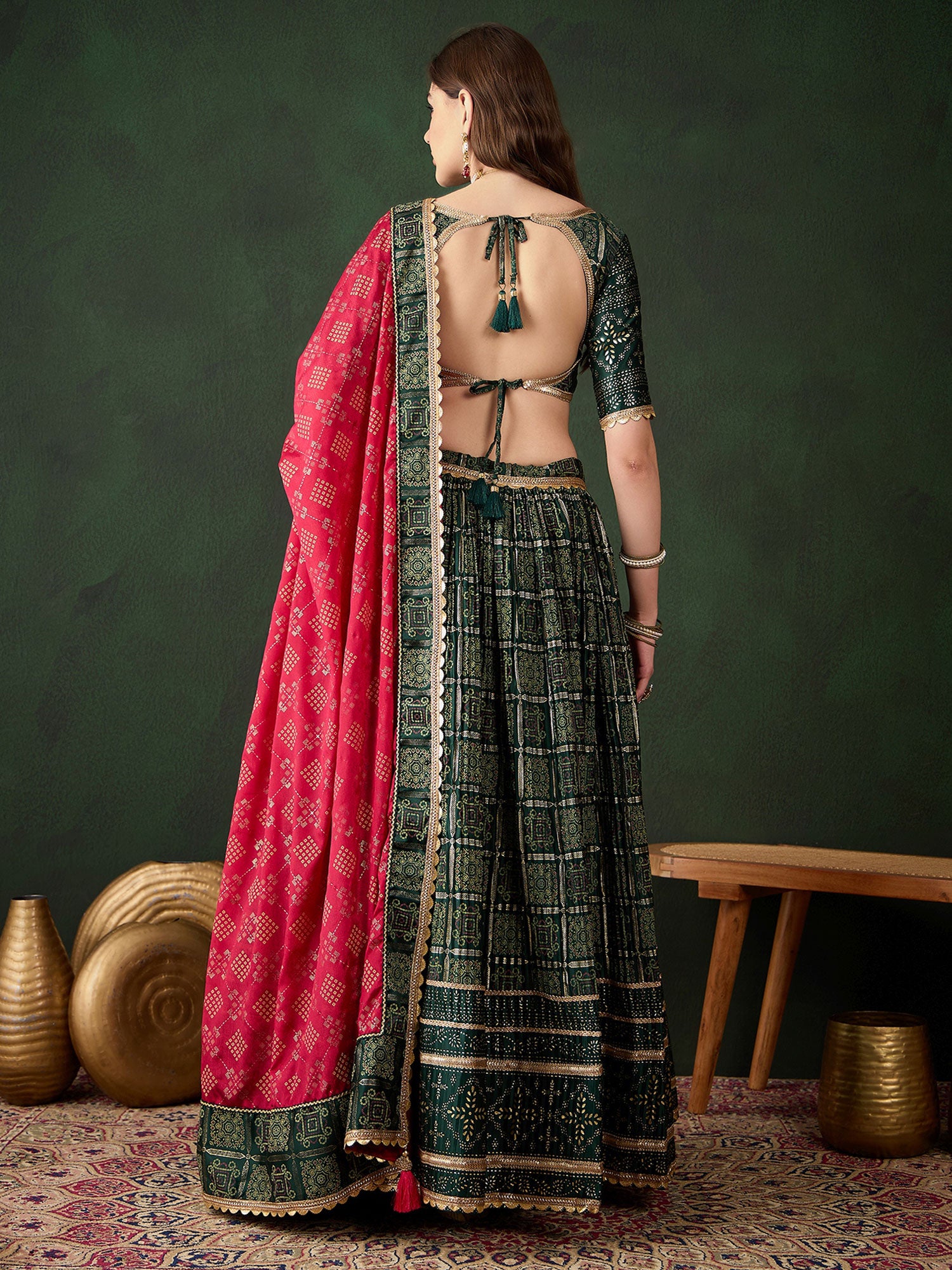 Green Navratri Lehenga Choli In Satin With Dupatta