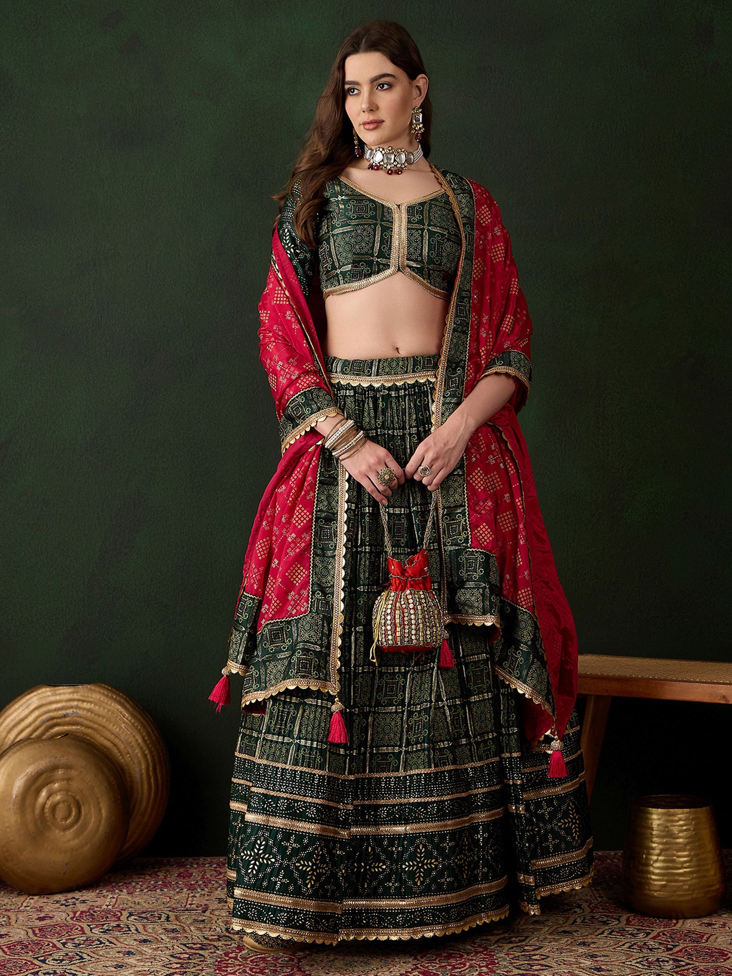 Green Navratri Lehenga Choli In Satin With Dupatta