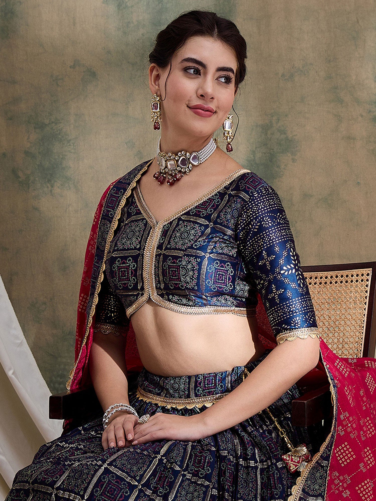 Blue Bandhej Printed Satin Lehenga Choli Set