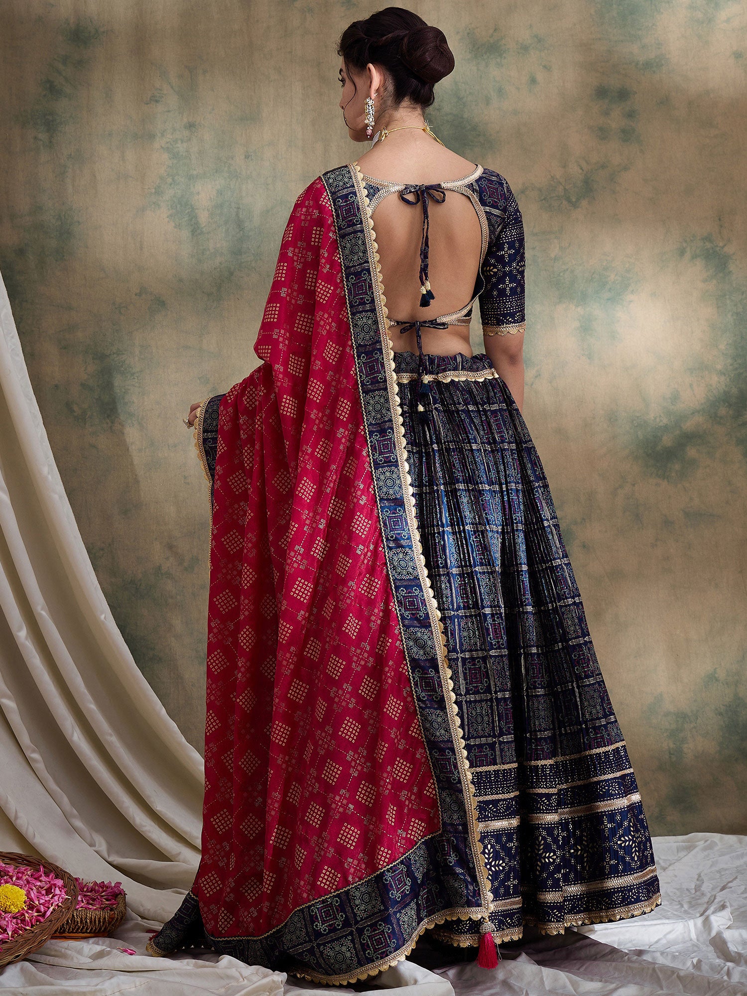 Blue Bandhej Printed Satin Lehenga Choli Set