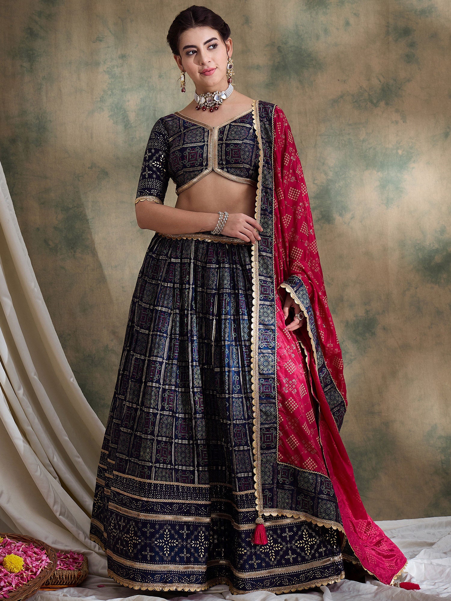 Blue Bandhej Printed Satin Lehenga Choli Set