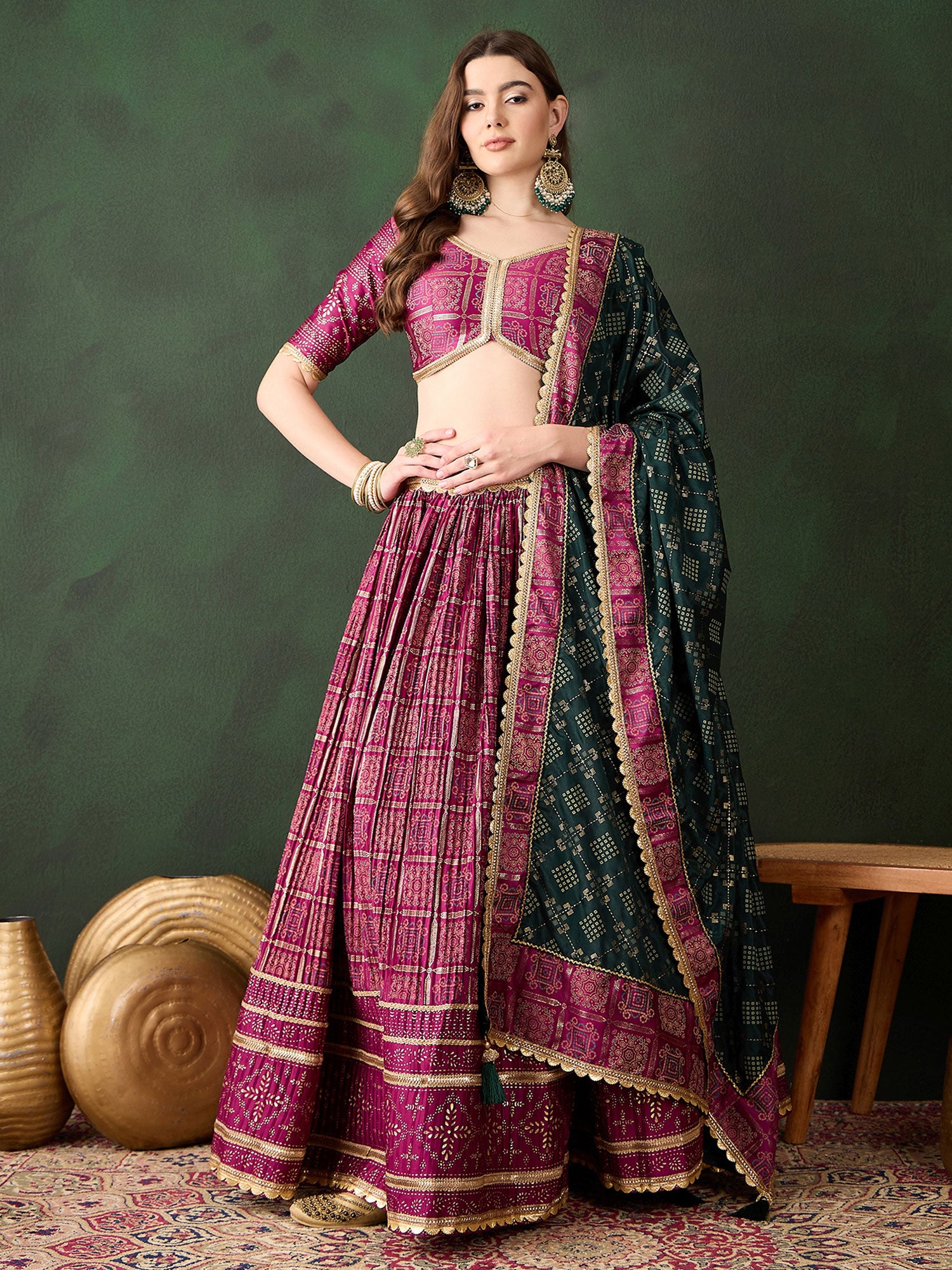 Pink Traditional Lehenga Set In Bandhani Print