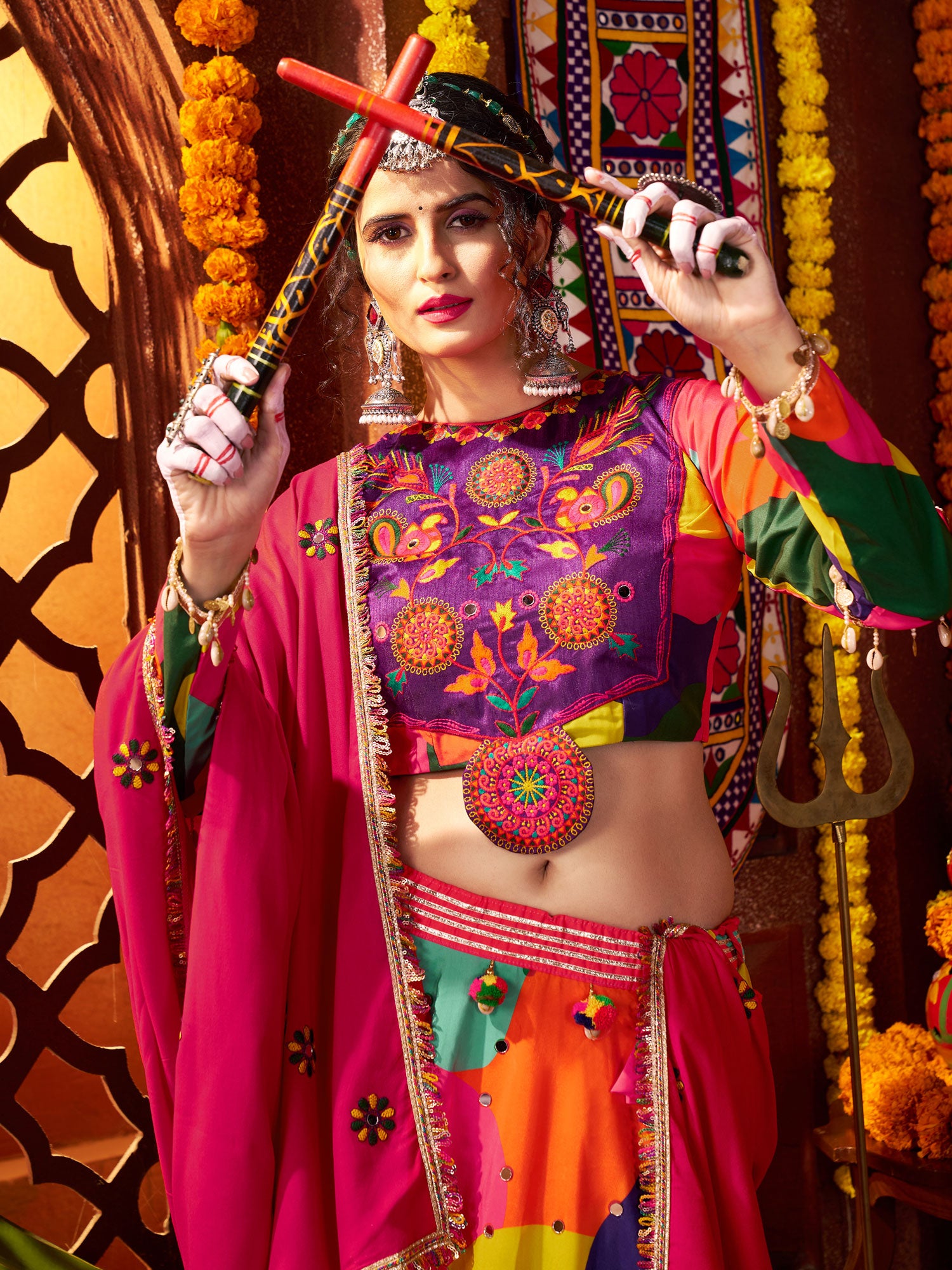 Multicolor Navratri Lehenga Set With Cotton Dupatta