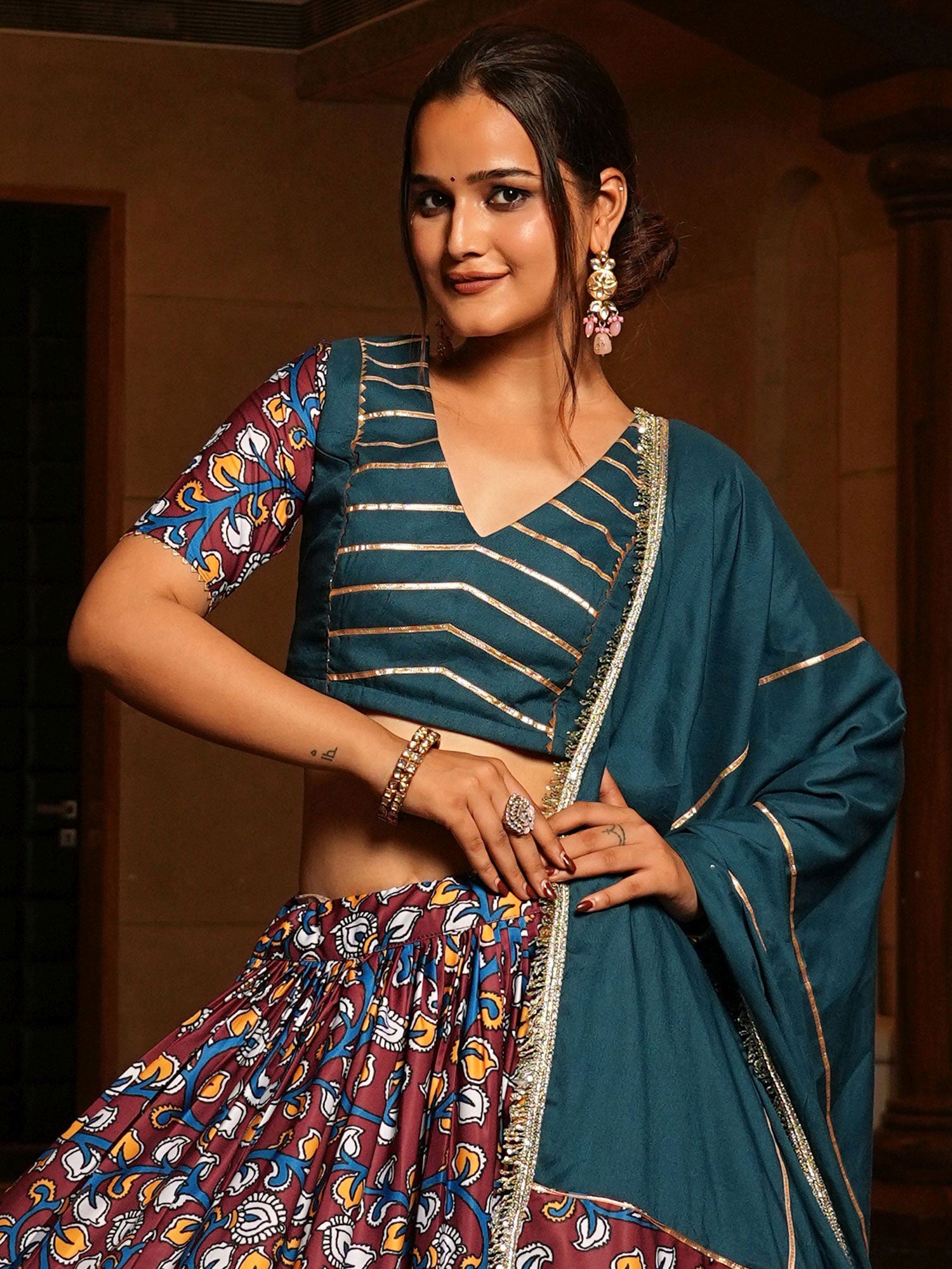 Rama Green Printed Festive Lehenga Set In Crepe