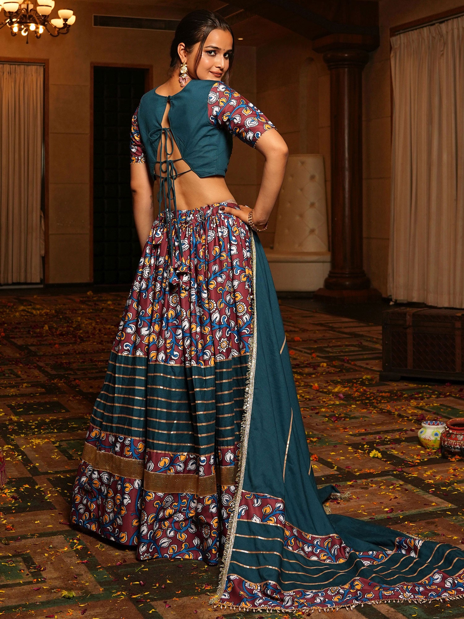 Rama Green Printed Festive Lehenga Set In Crepe