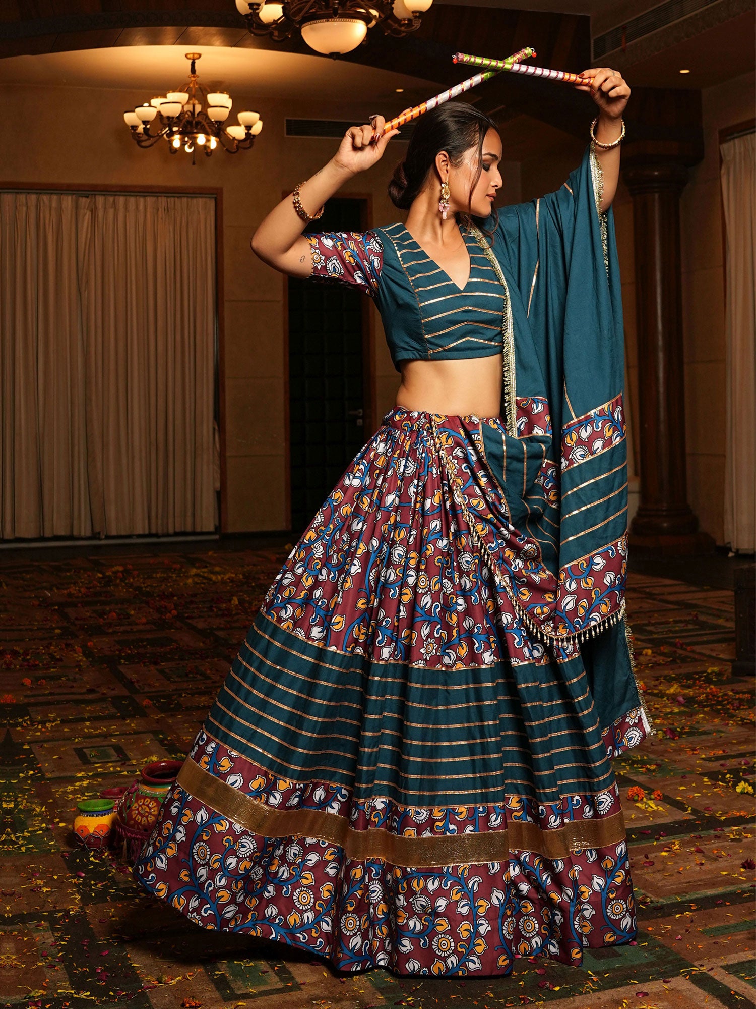 Rama Green Printed Festive Lehenga Set In Crepe