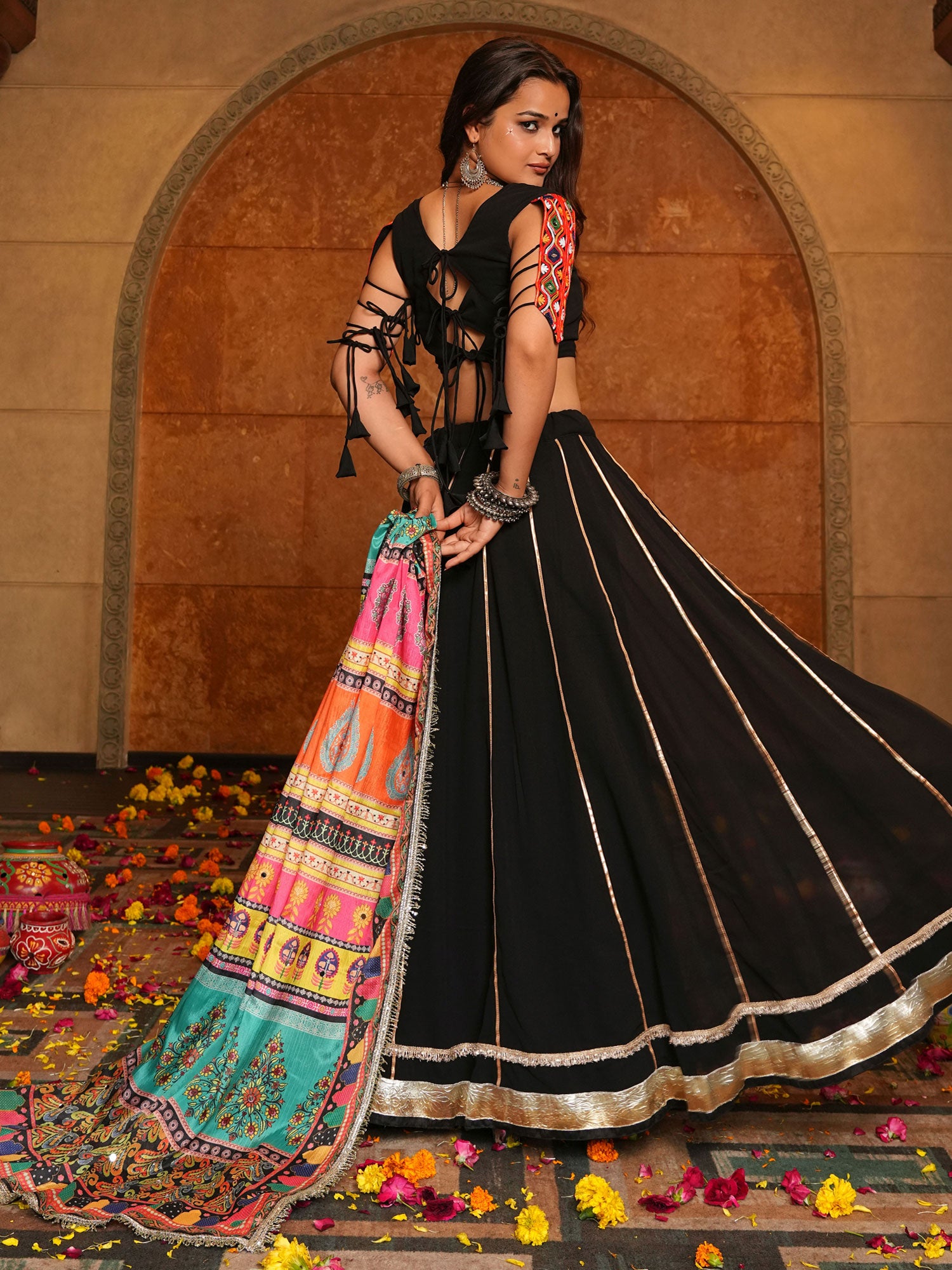Black Georgette Lehenga Set With Dupatta In Print