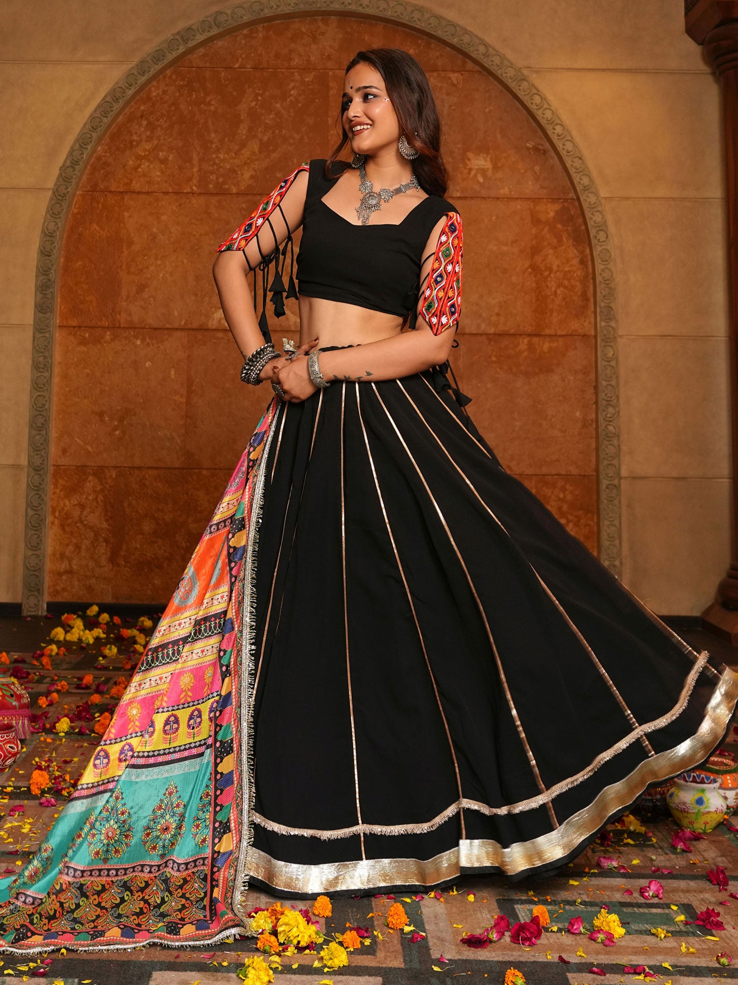 Black Georgette Lehenga Set With Dupatta In Print