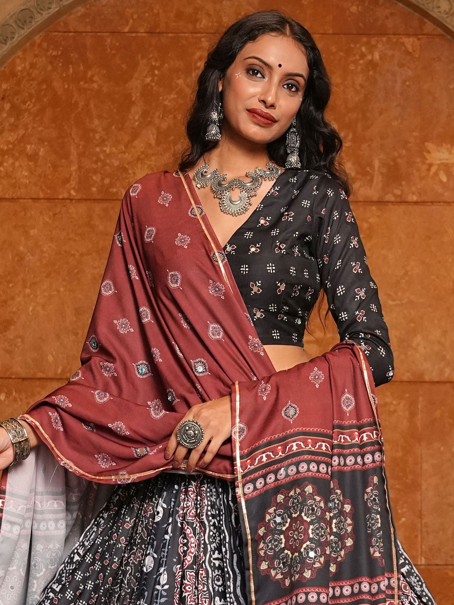 Black Festive Wear Printed Lehenga Choli In Crepe