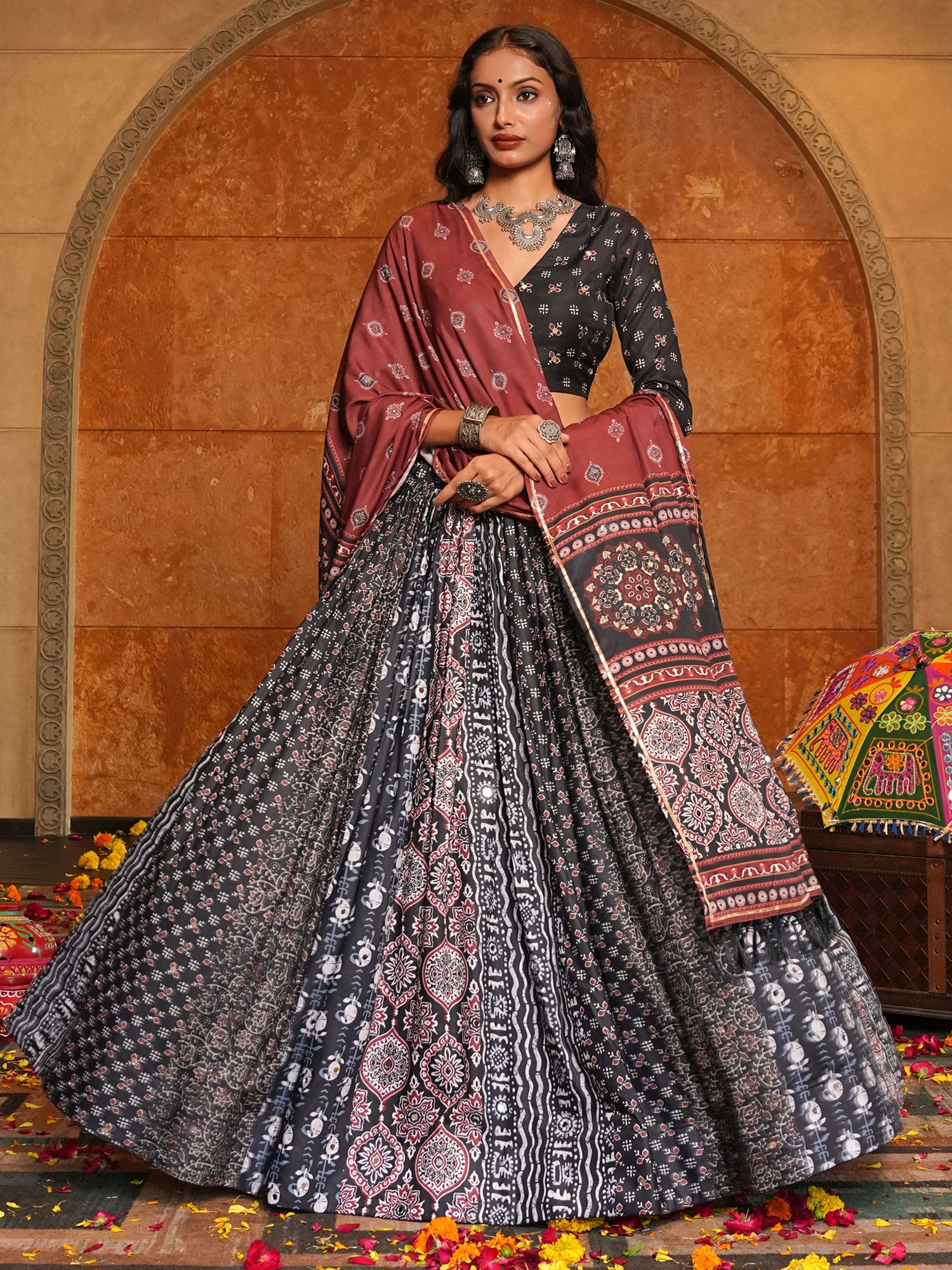 Black Festive Wear Printed Lehenga Choli In Crepe