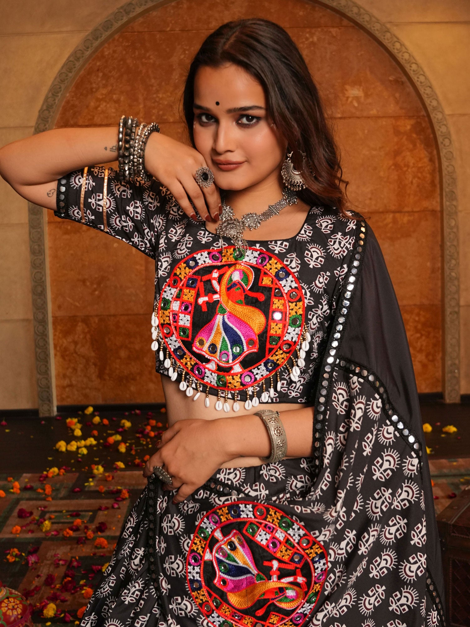 Black Navaratri Crepe Lehenga Set In Print
