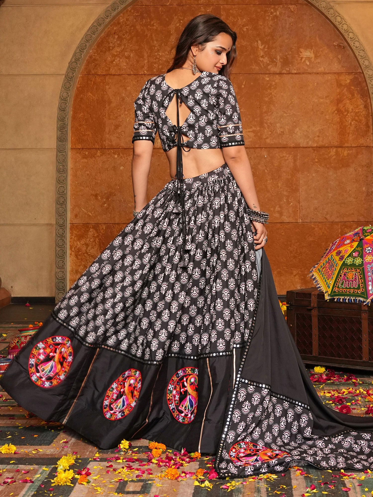 Black Navaratri Crepe Lehenga Set In Print