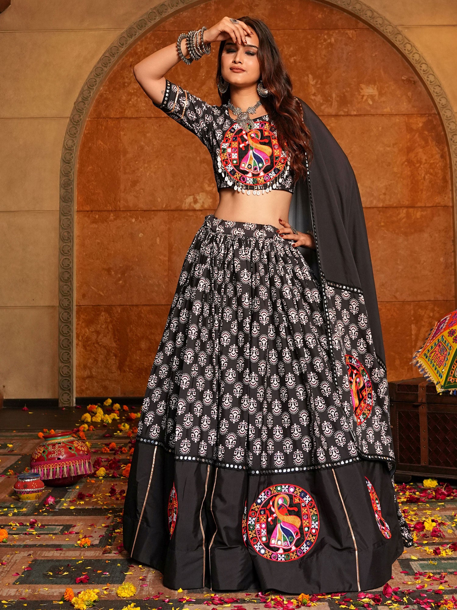 Black Navaratri Crepe Lehenga Set In Print