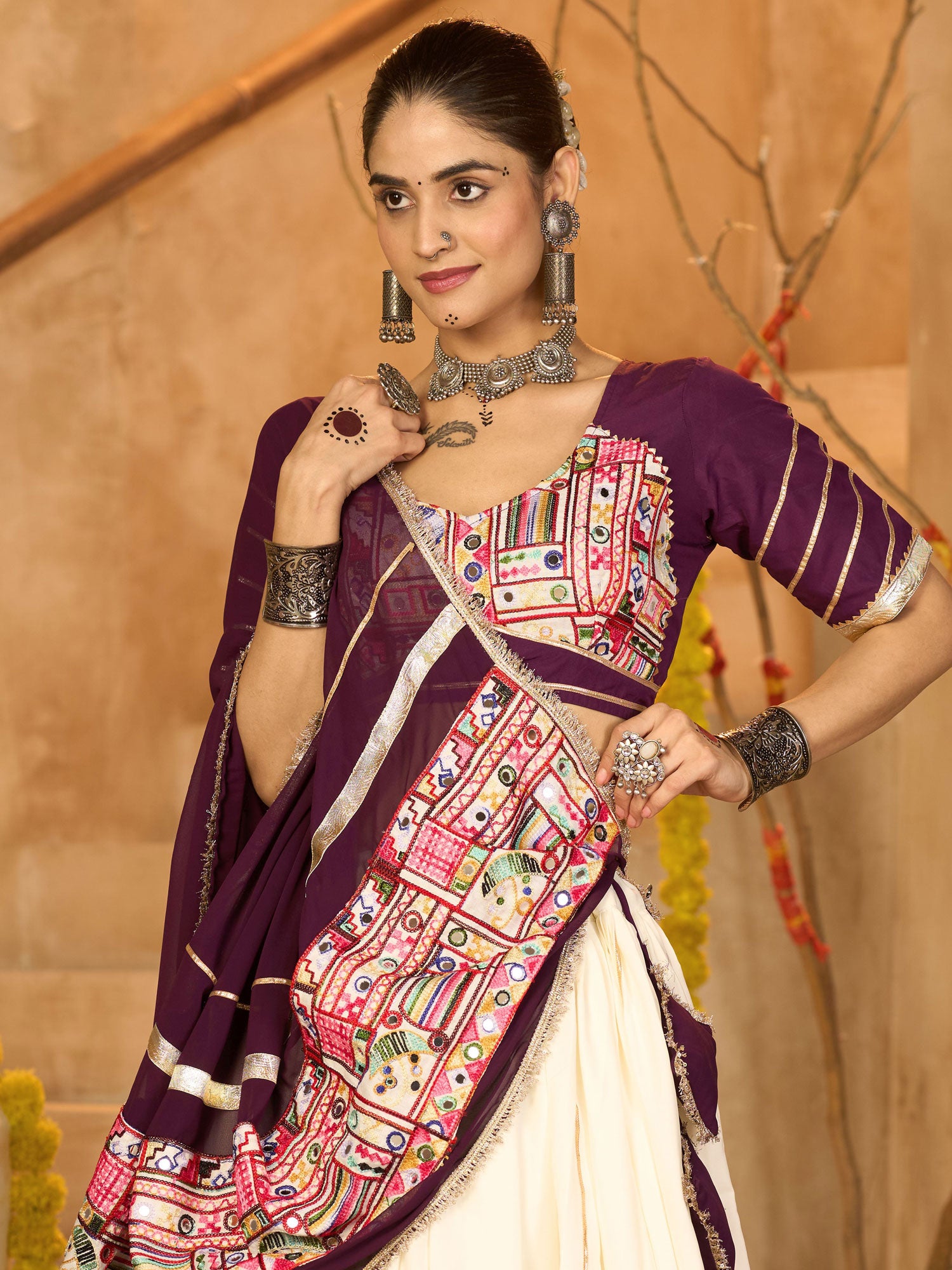 Off White Festive Lehenga Choli In Mirror Work