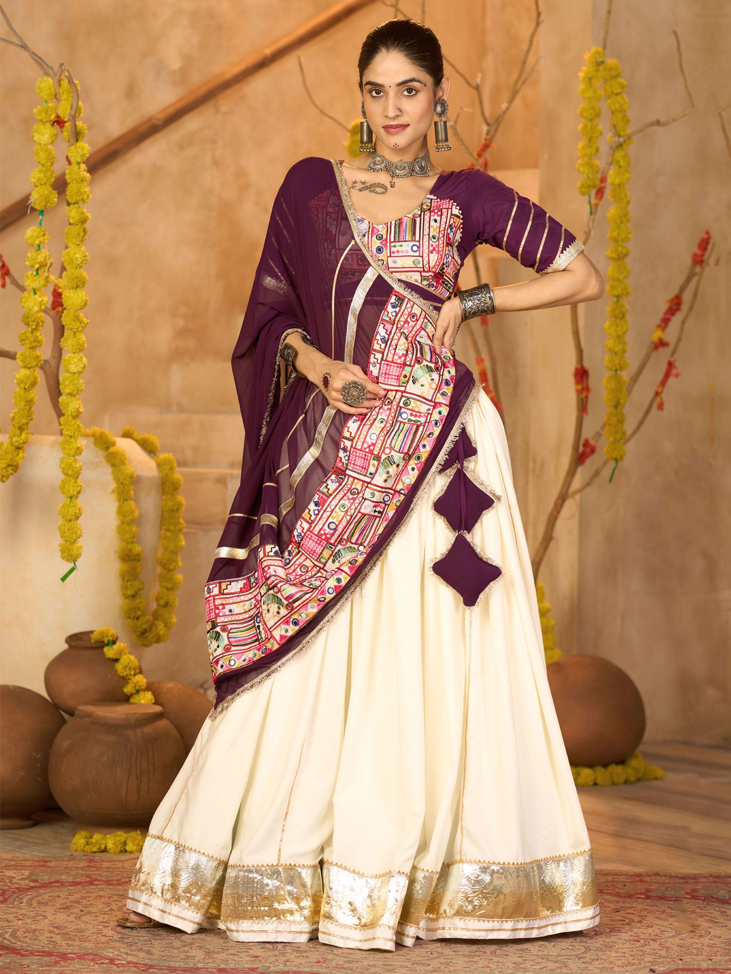 Off White Festive Lehenga Choli In Mirror Work
