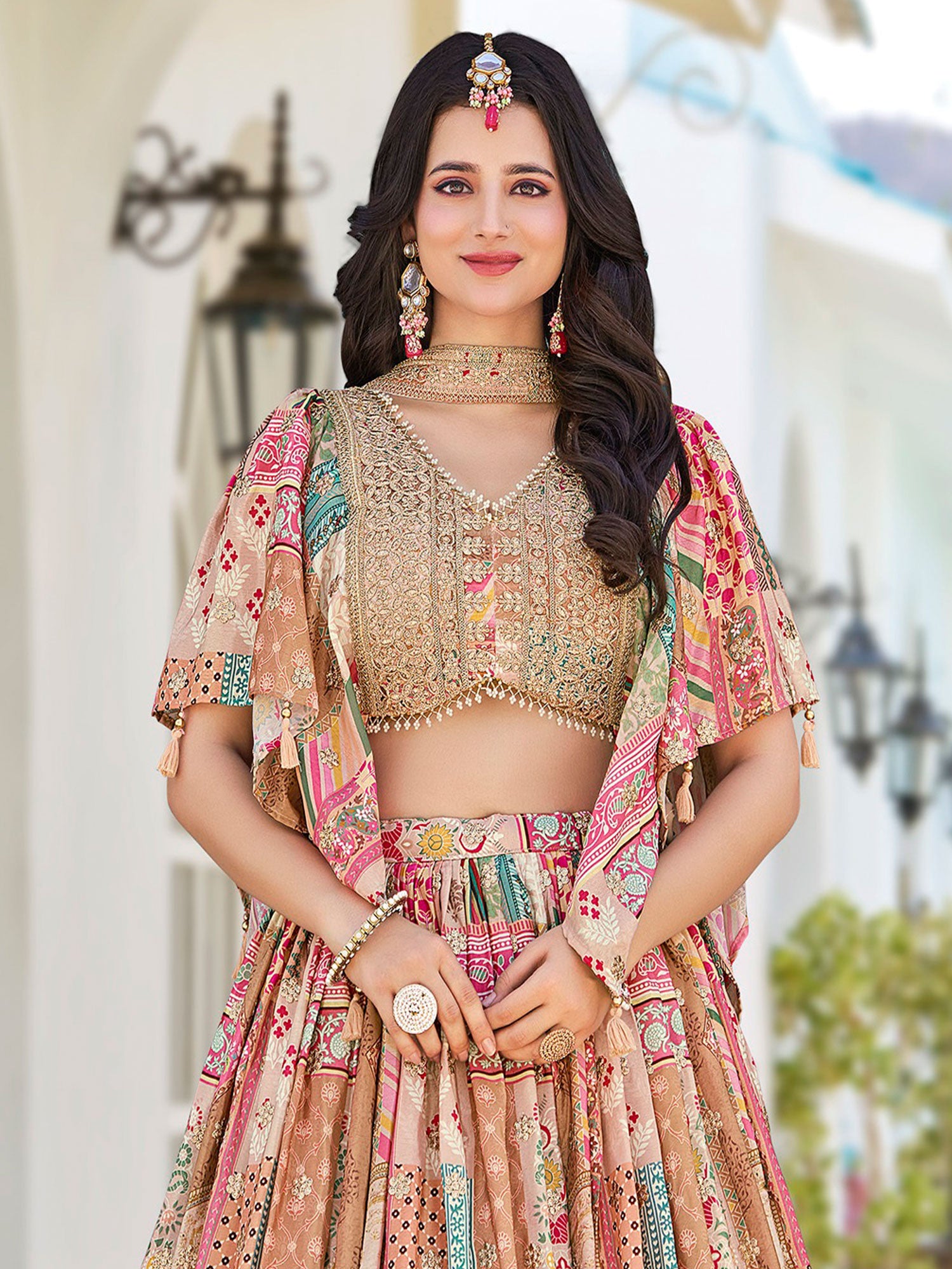 Beige Digital Printed Bridesmaid Lehenga Set