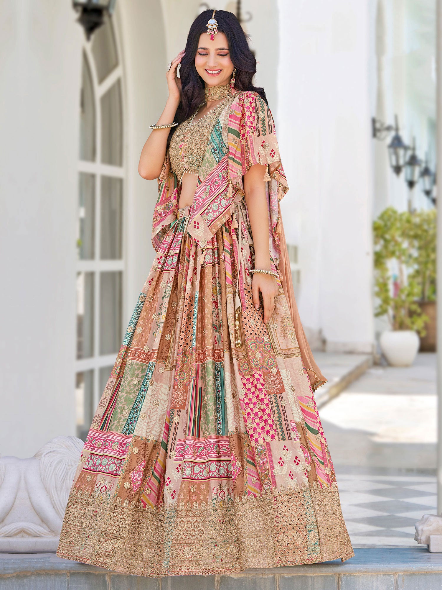 Beige Digital Printed Bridesmaid Lehenga Set