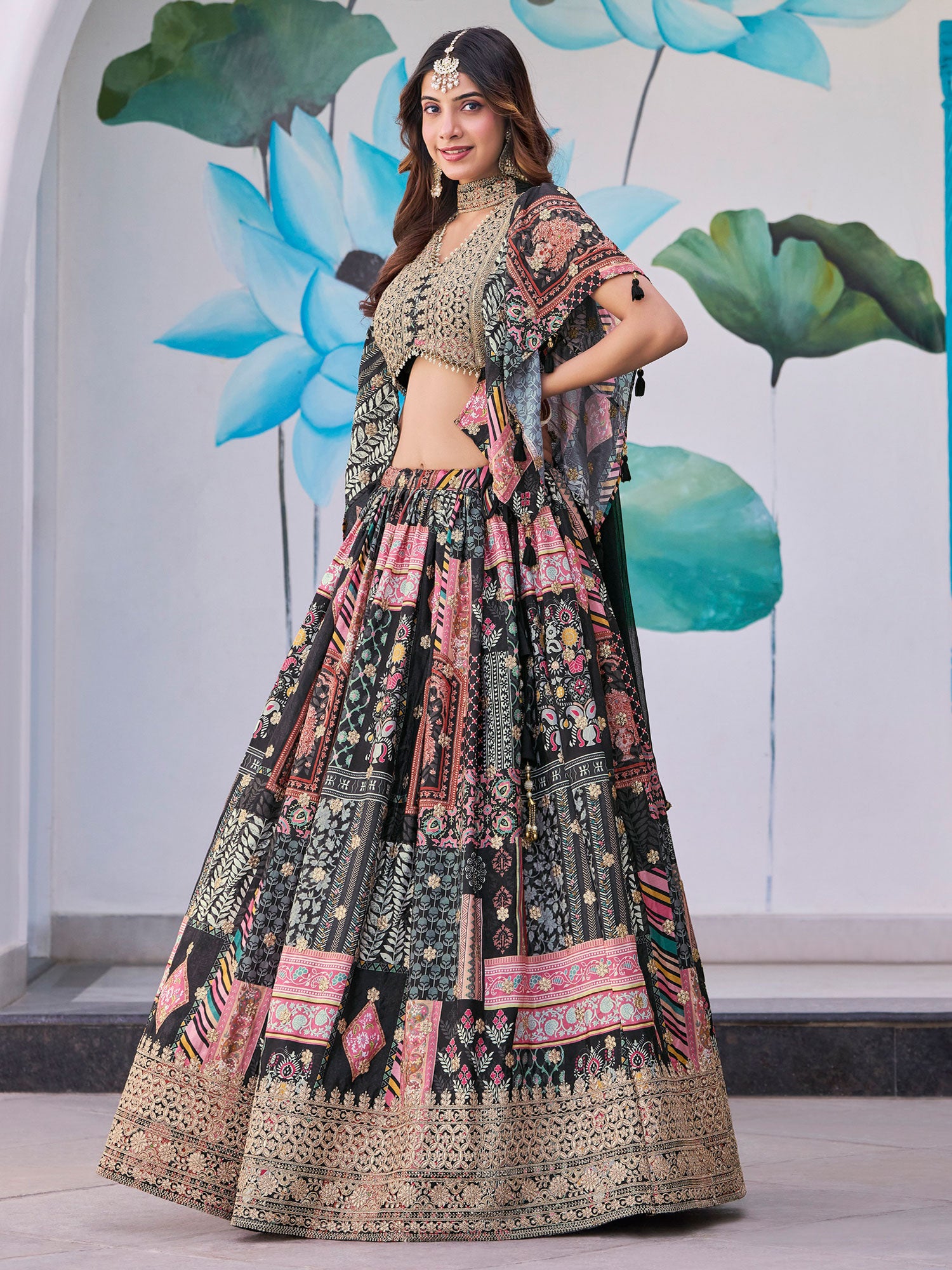 Black Party Wear Lehenga Choli In Print