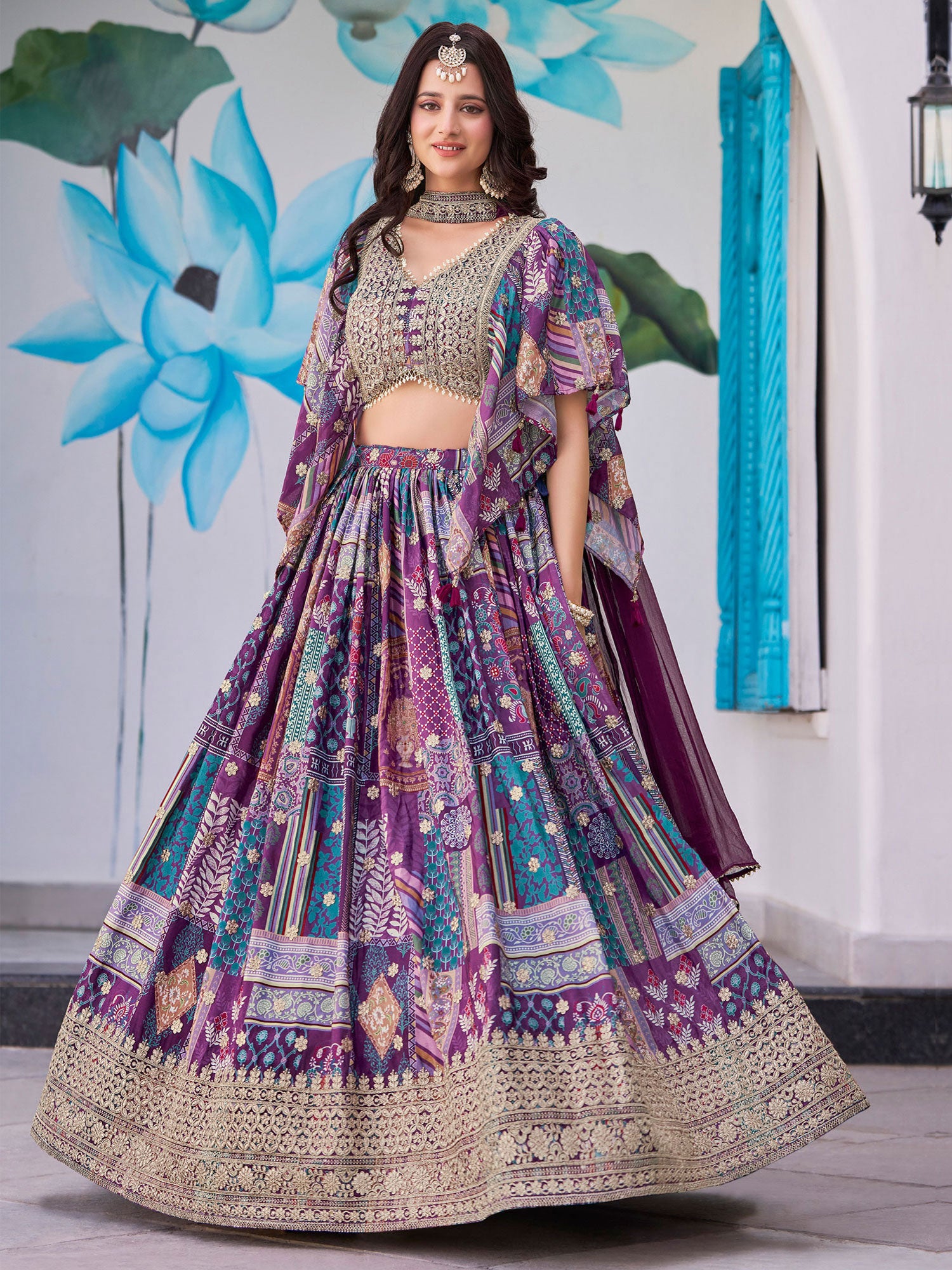 Purple Bridesmaid Lehenga Set In Chinon Silk