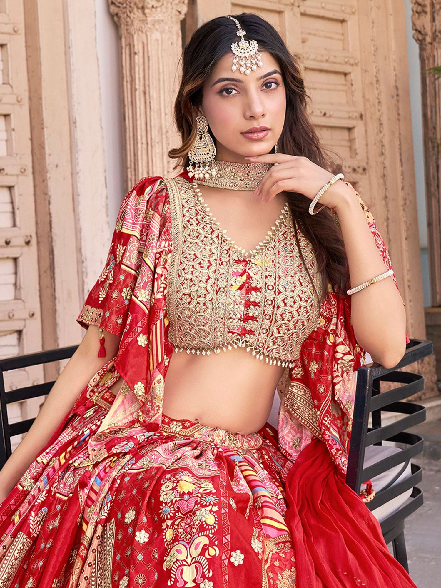 Red Wedding Wear Printed Lehenga Choli Set