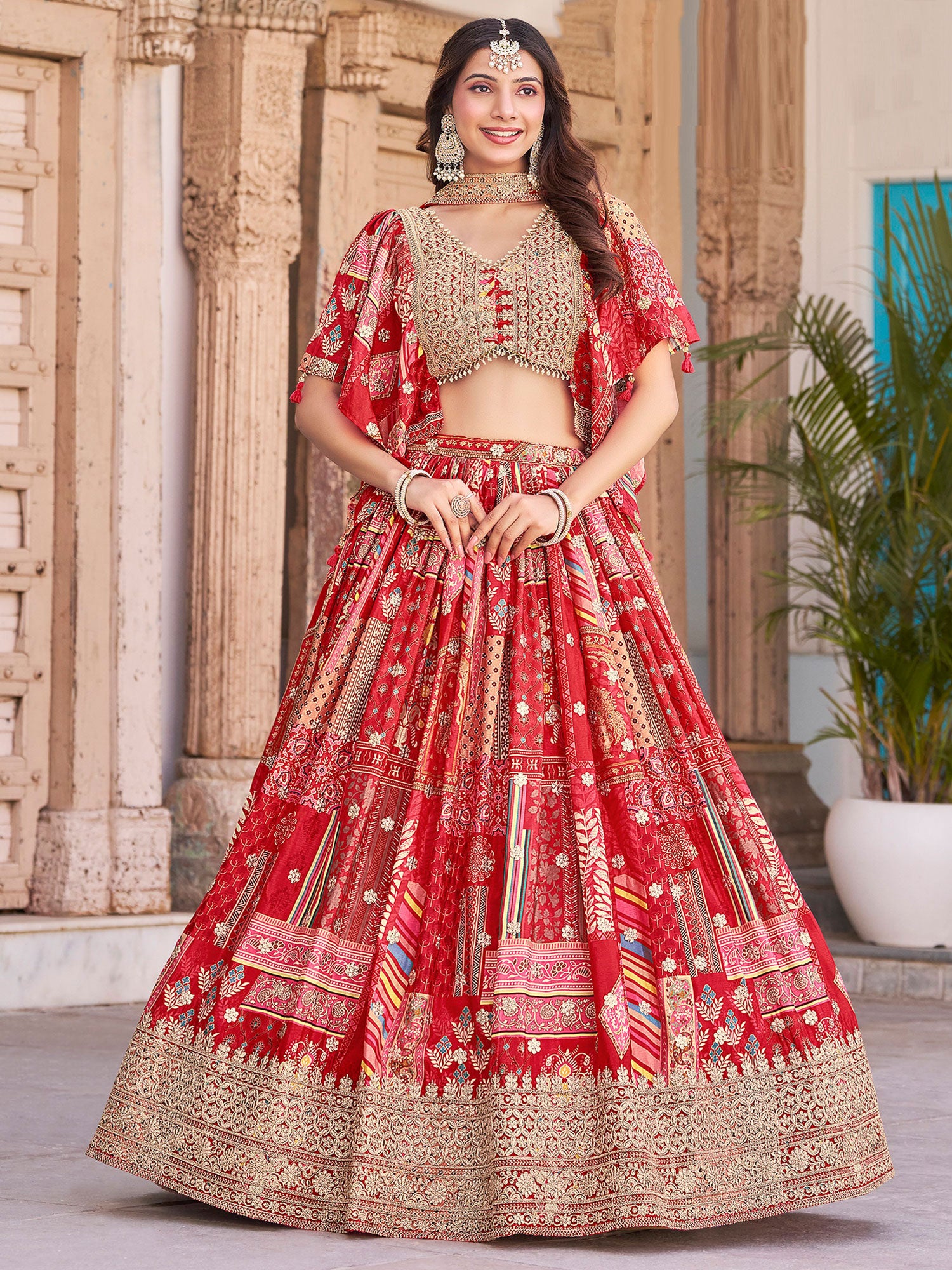 Red Wedding Wear Printed Lehenga Choli Set