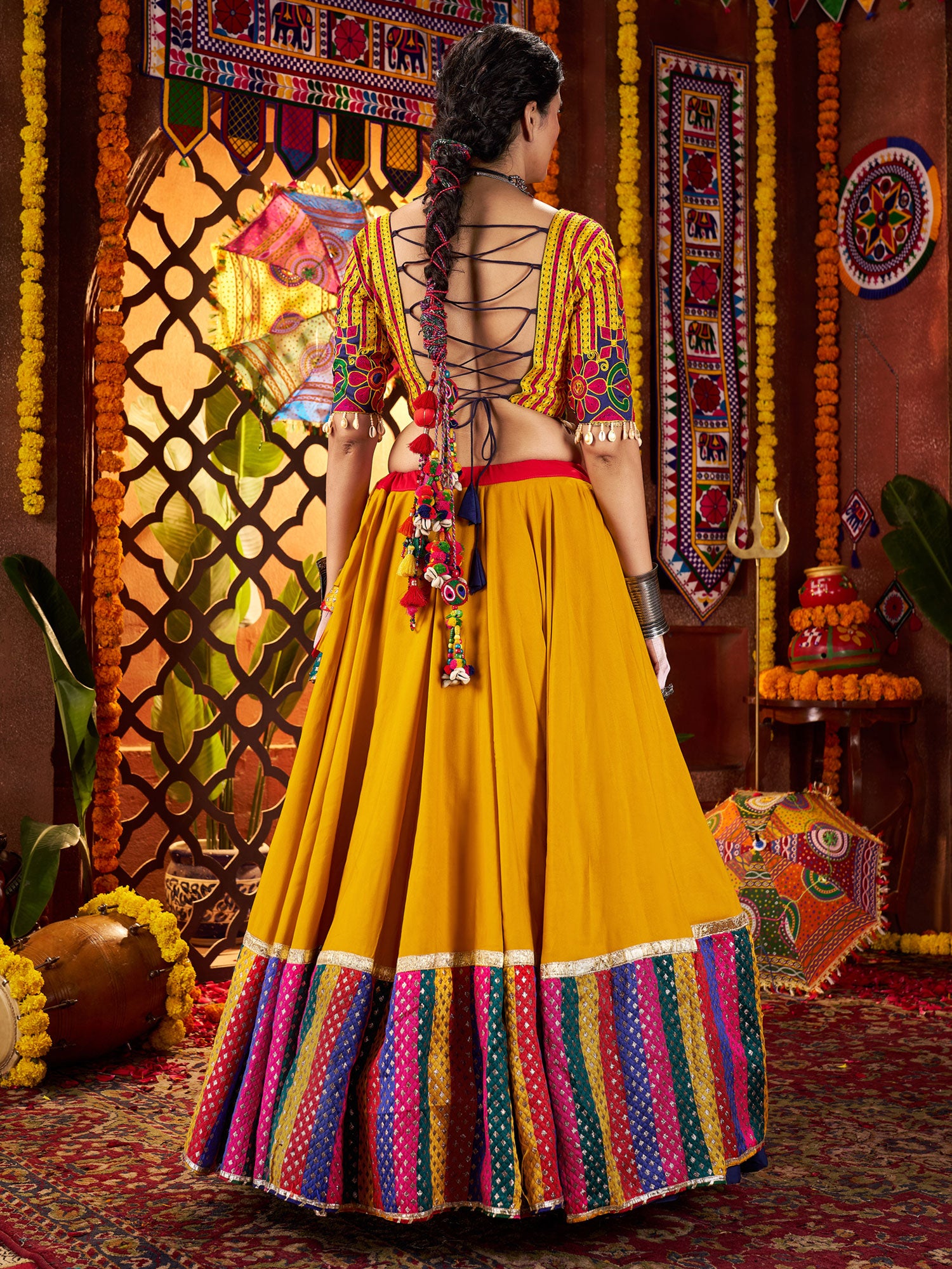 Pink And Yellow Floral Thread Work Lehenga Set
