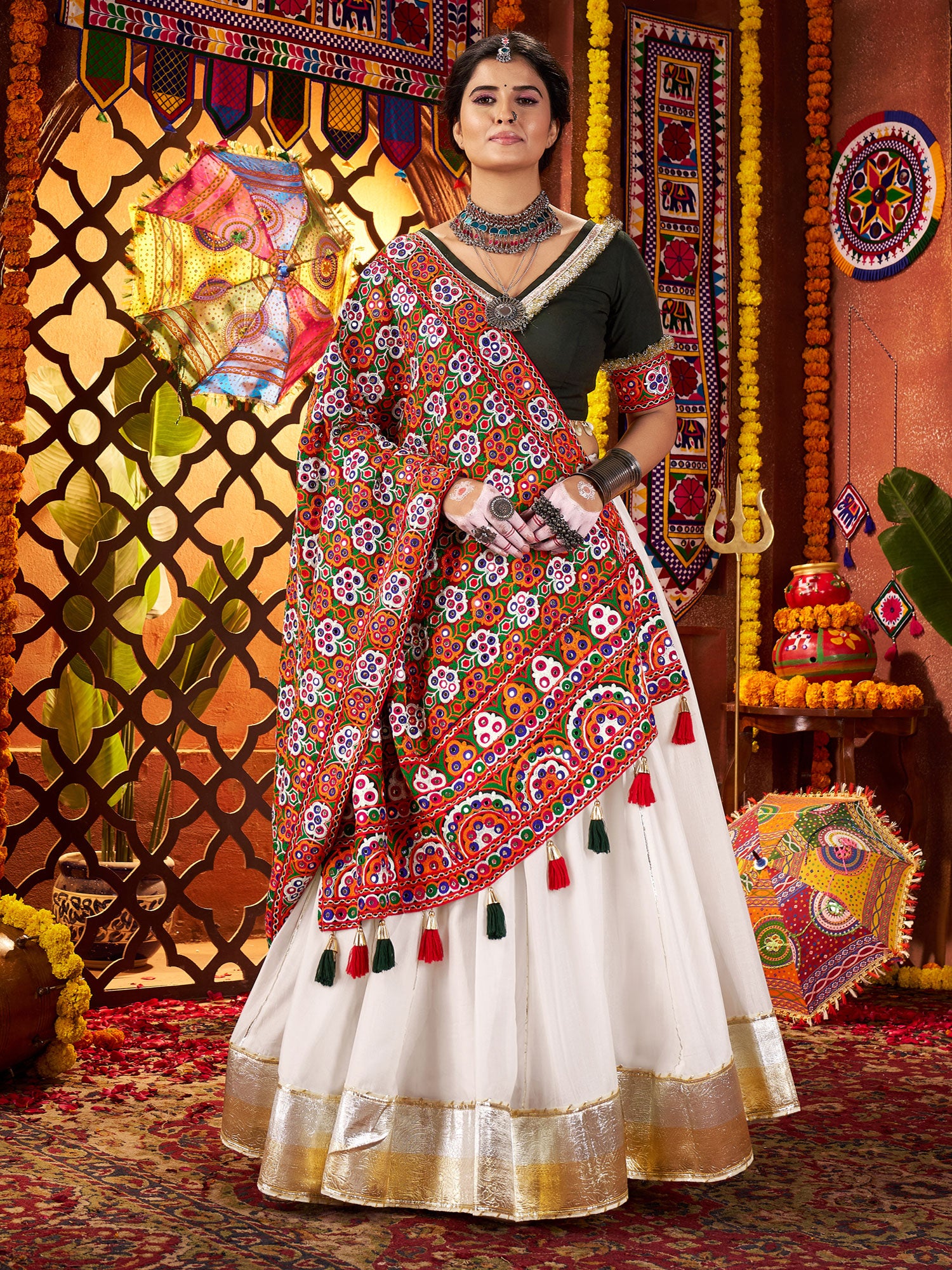 White Silk Lehenga Choli With Embroidered Dupatta