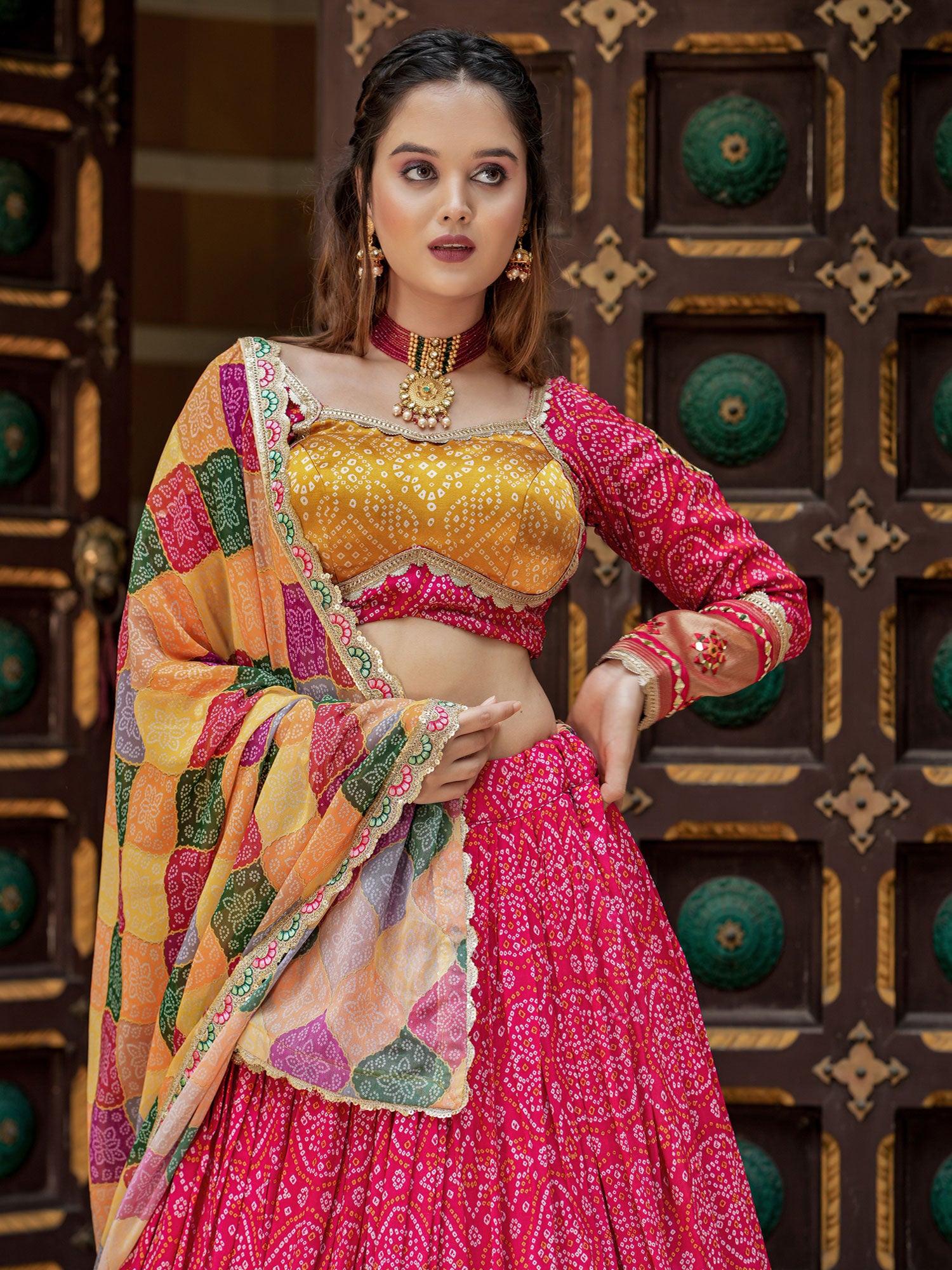 Bright Pink Traditional Lehenga Set In Bandhej Print
