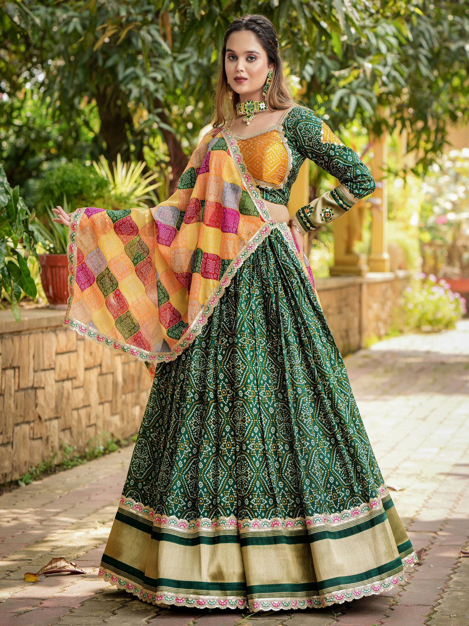 Green Bandhani Printed Lehenga Choli With Dupatta