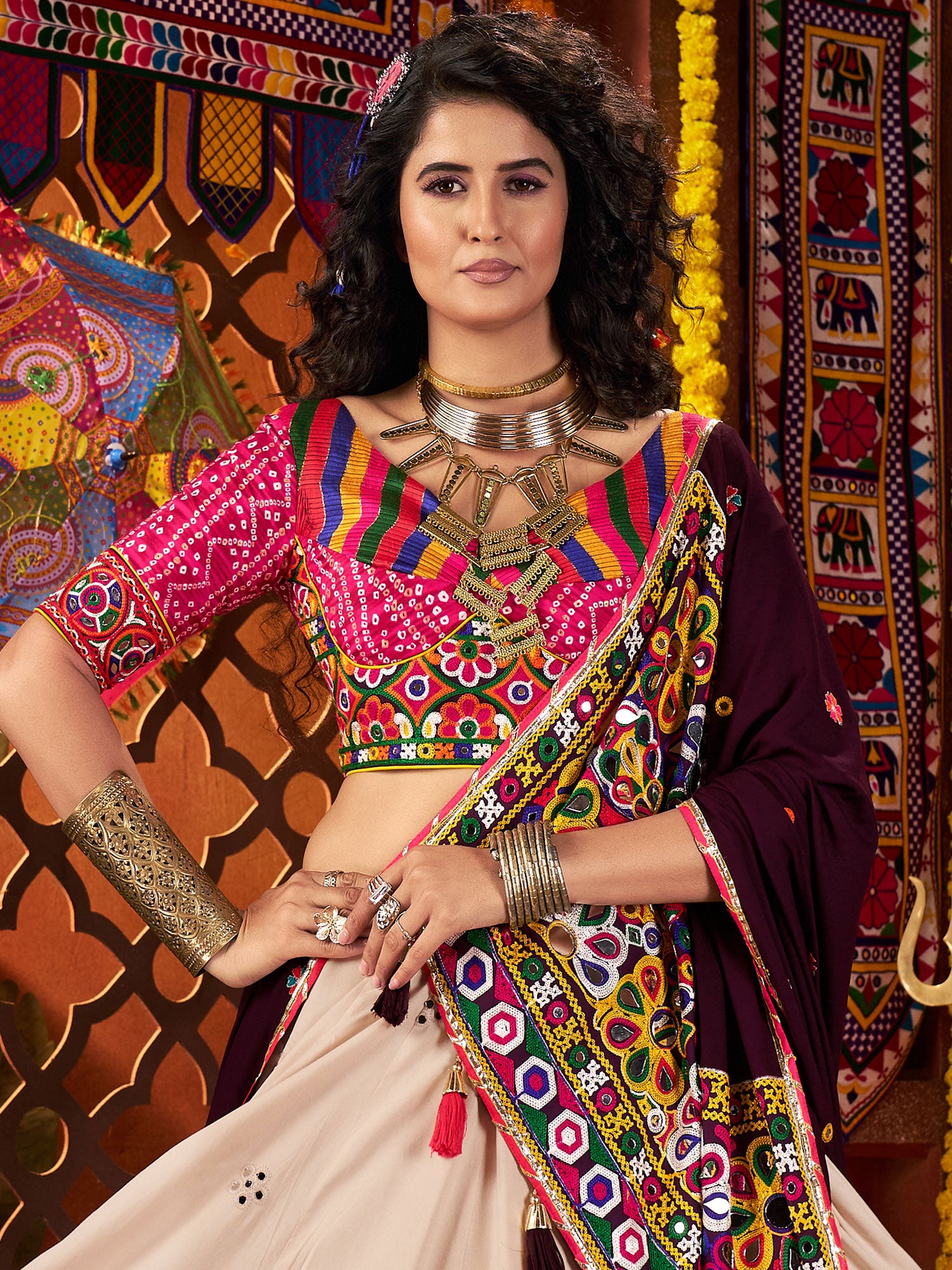 Beige Lehenga Set With Dupatta In Mirror Work