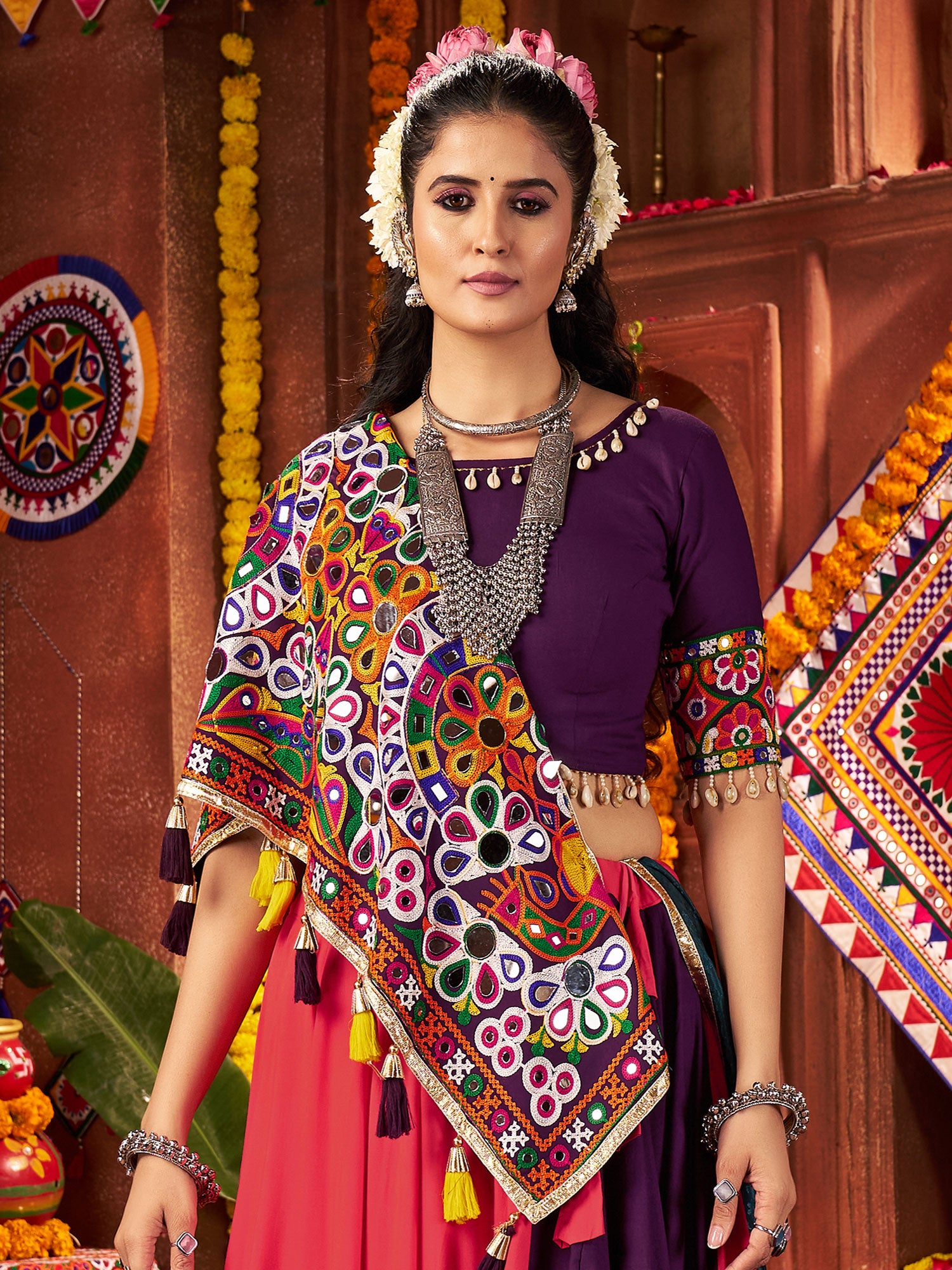 Red And Purple Cotton Navratri Lehenga Choli