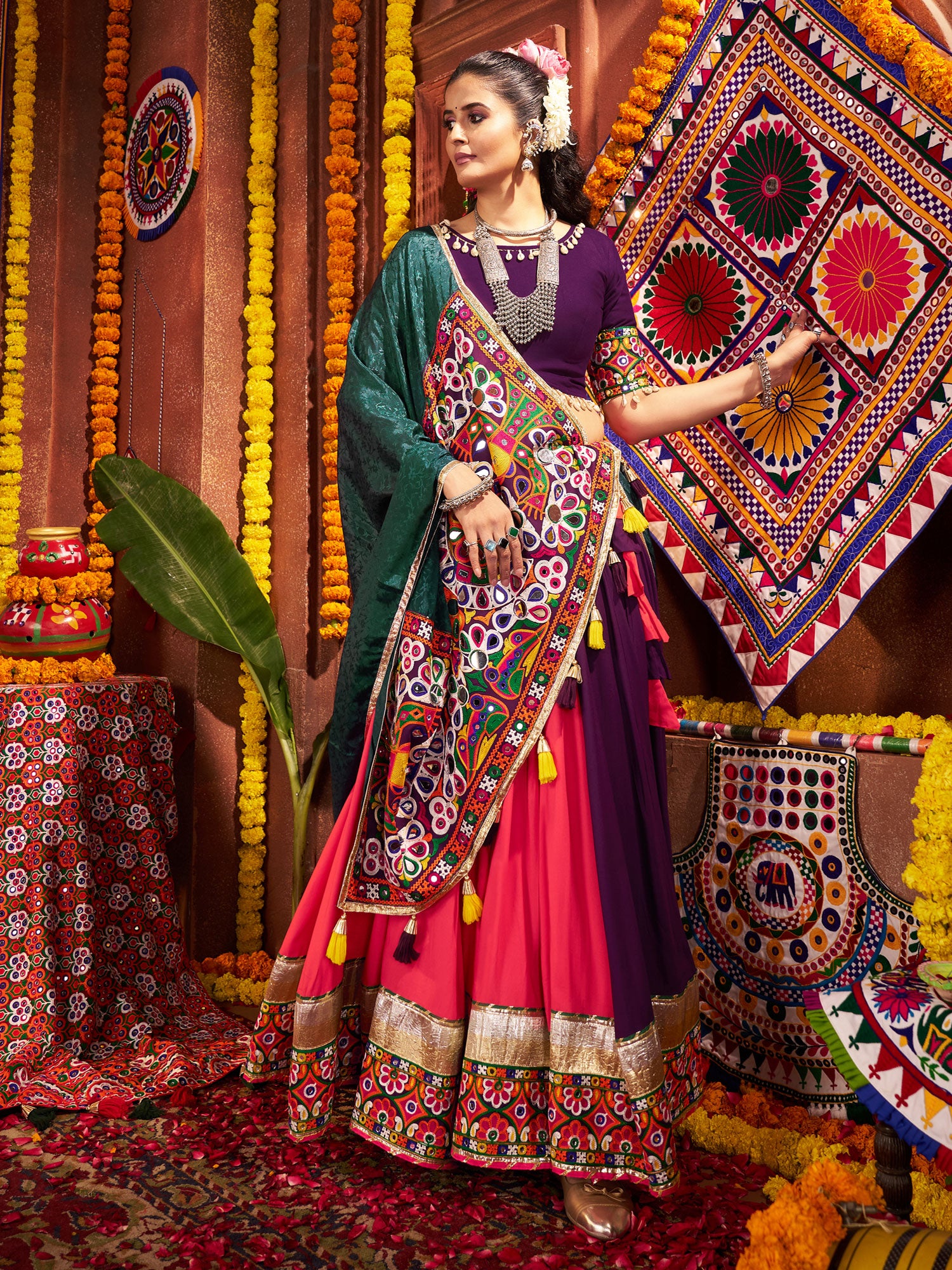 Red And Purple Cotton Navratri Lehenga Choli