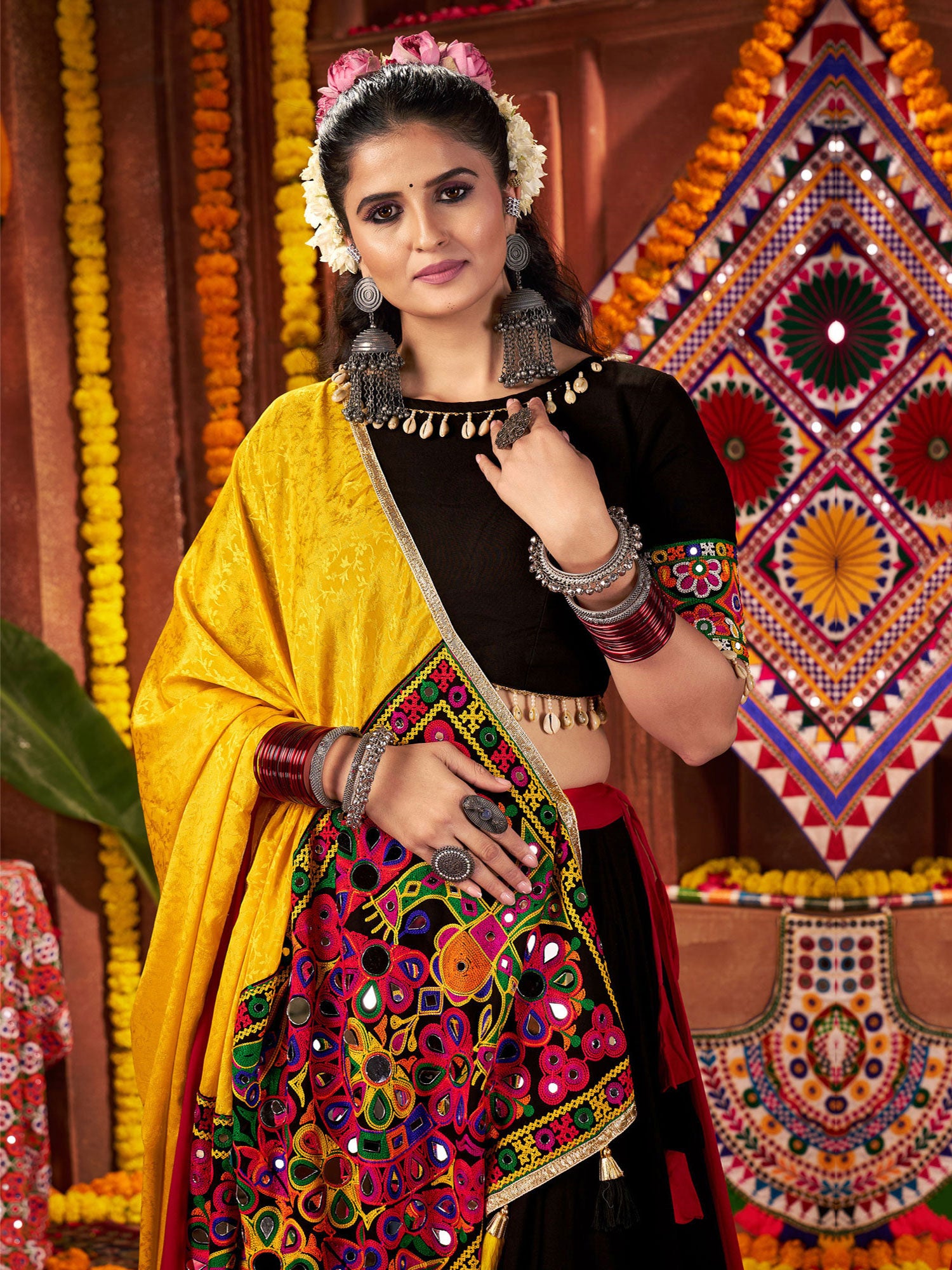 Black And Red Embroidered Navratri Lehenga Set