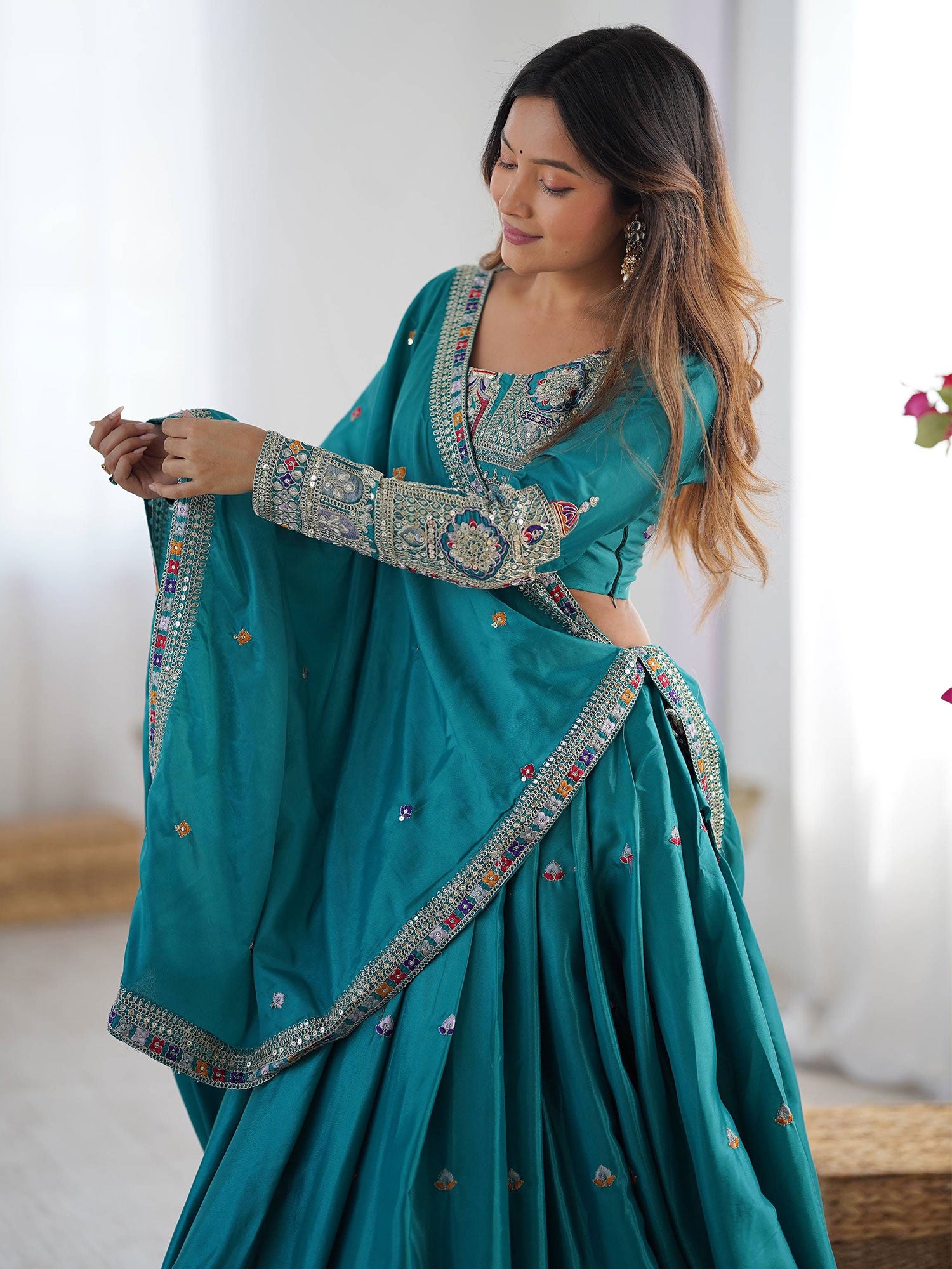 Green Sequins Augmented Lehenga Set With Dupatta