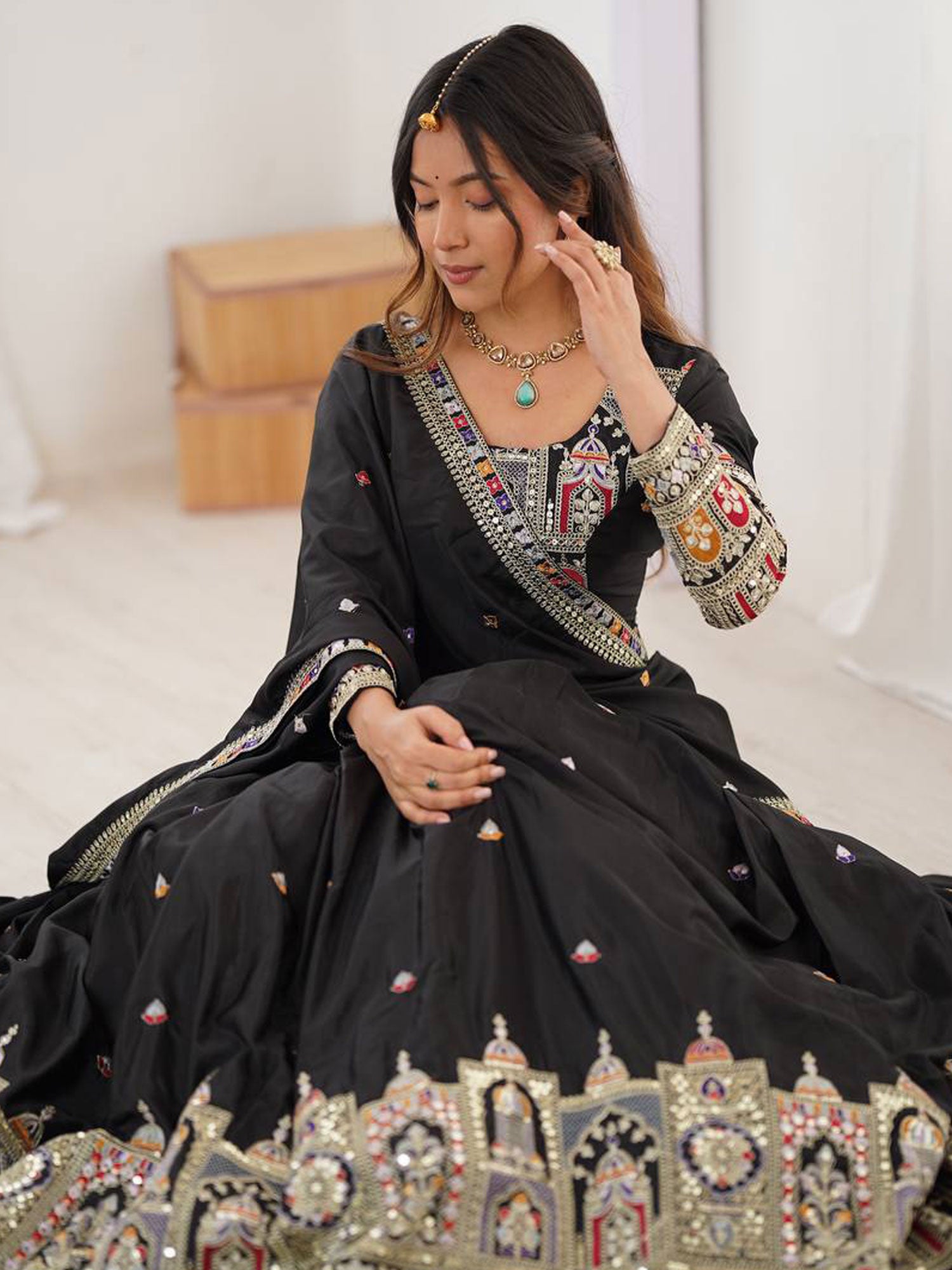Black Floral Thread Embroidered Crepe Lehenga Set