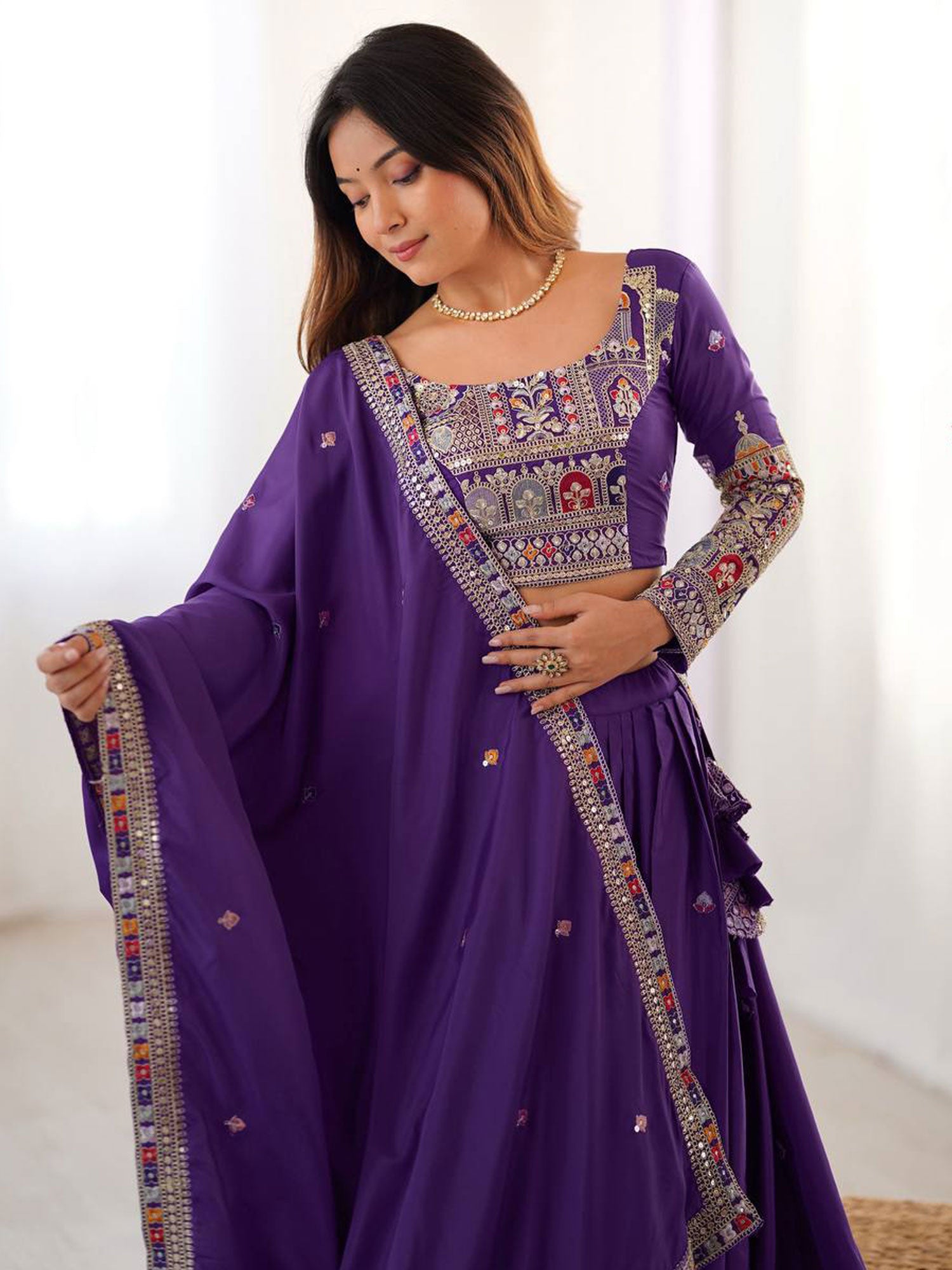 Dark Purple Festive Wear Lehenga Choli In Crepe