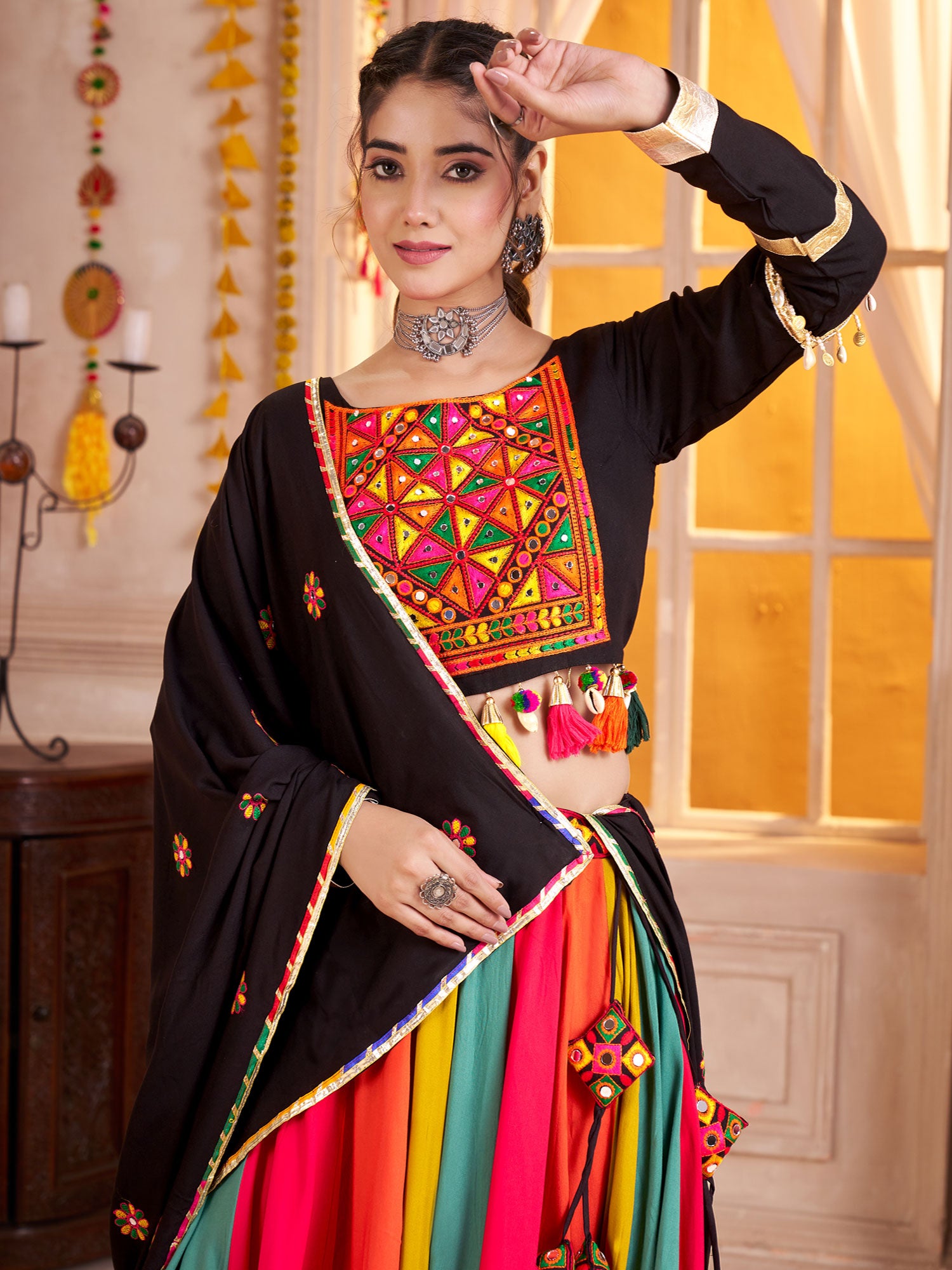 Multicolor Mirror Augmented Cotton Lehenga Set