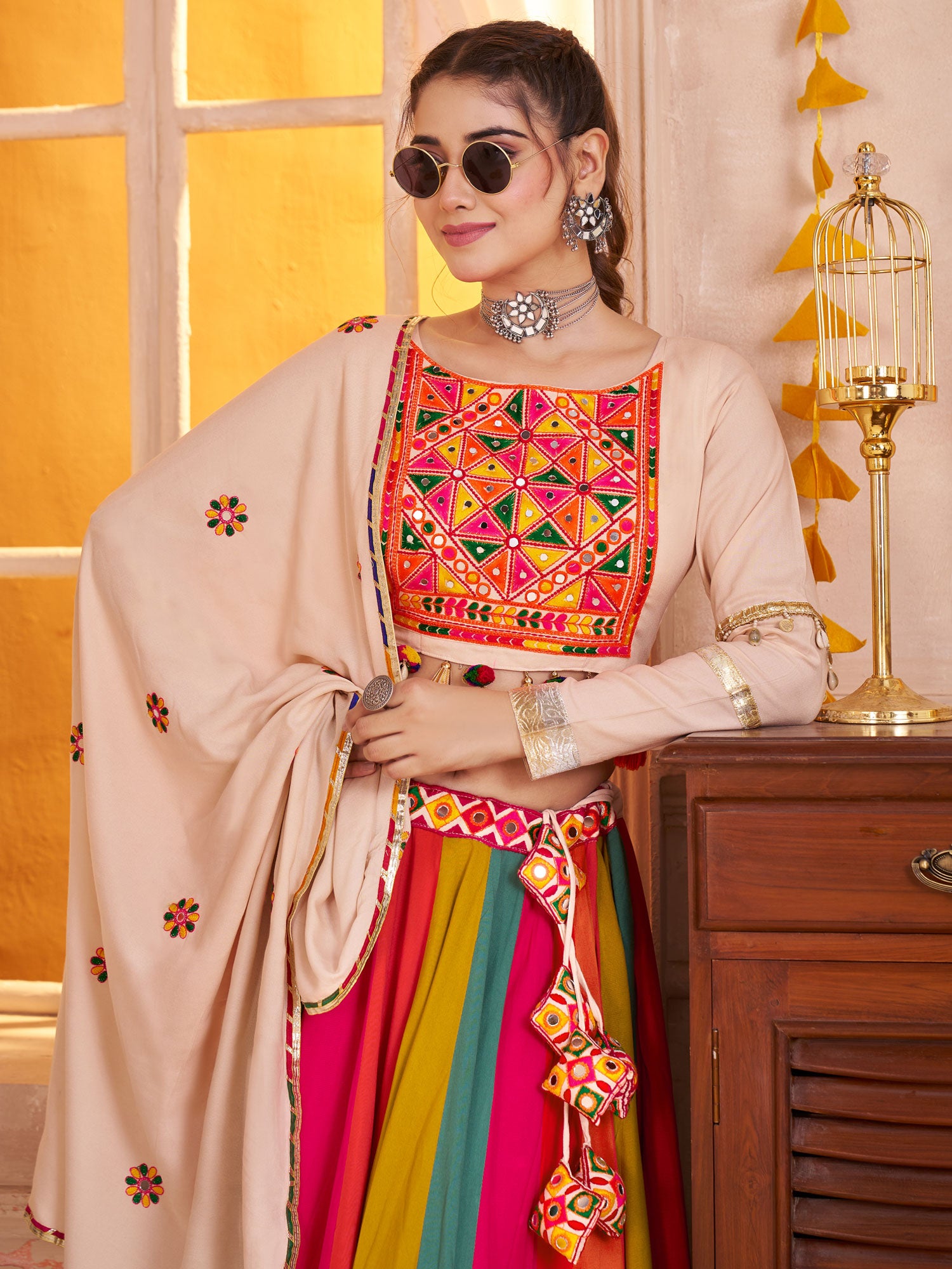 Multicolor Festive Lehenga Set With Dupatta In Cotton