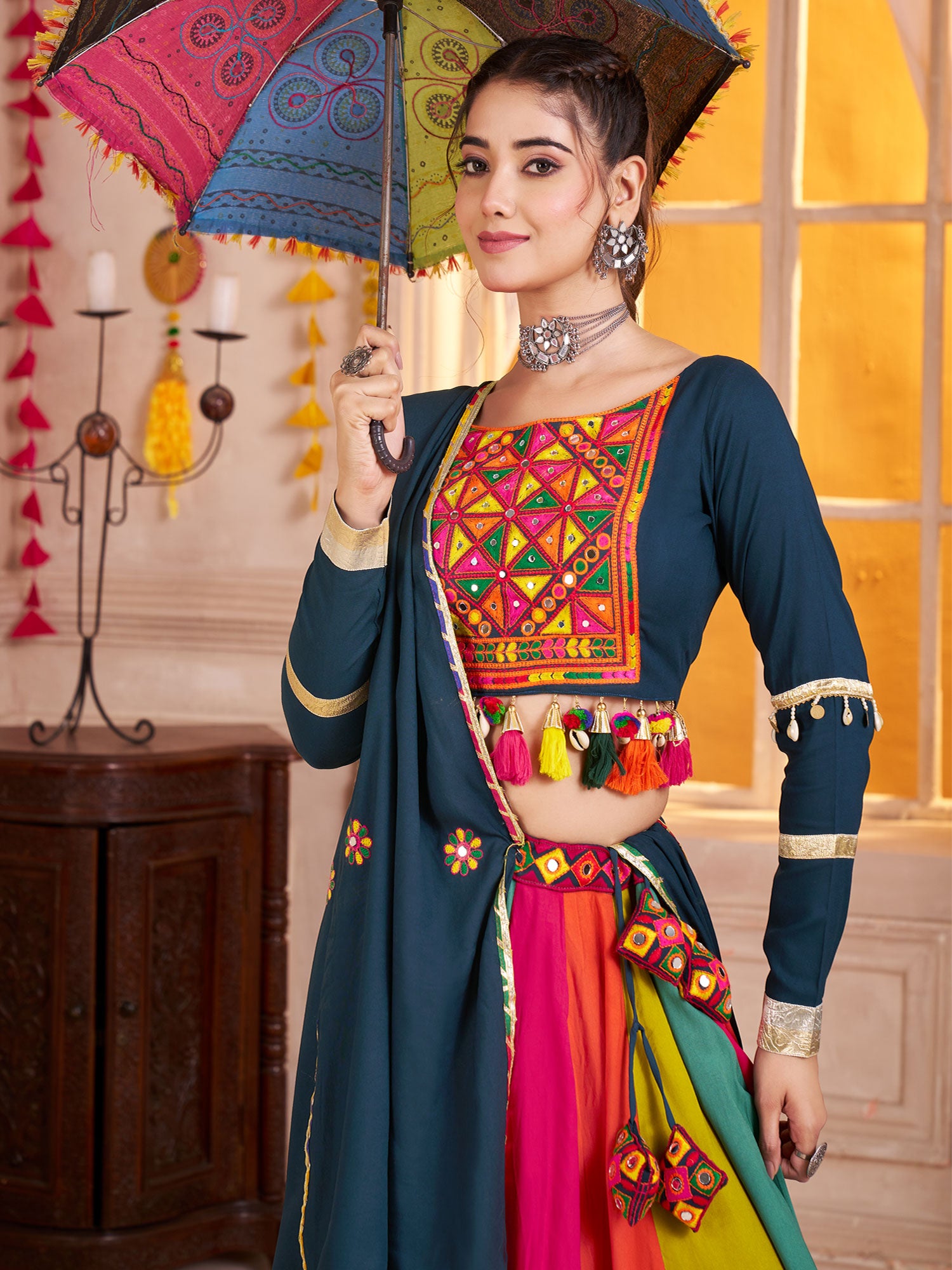 Multicolor Embroidered Navaratri Cotton Lehenga Choli