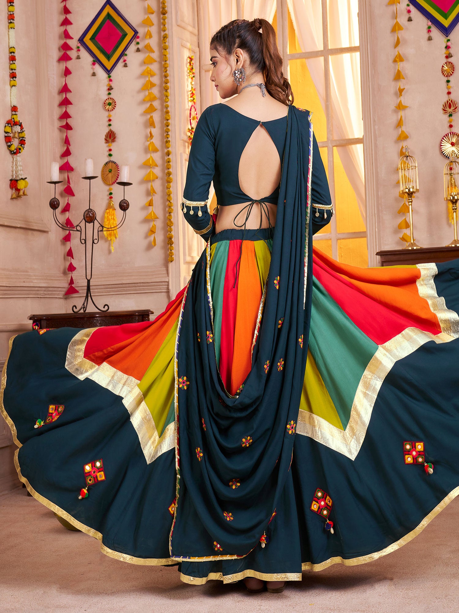 Multicolor Embroidered Navaratri Cotton Lehenga Choli