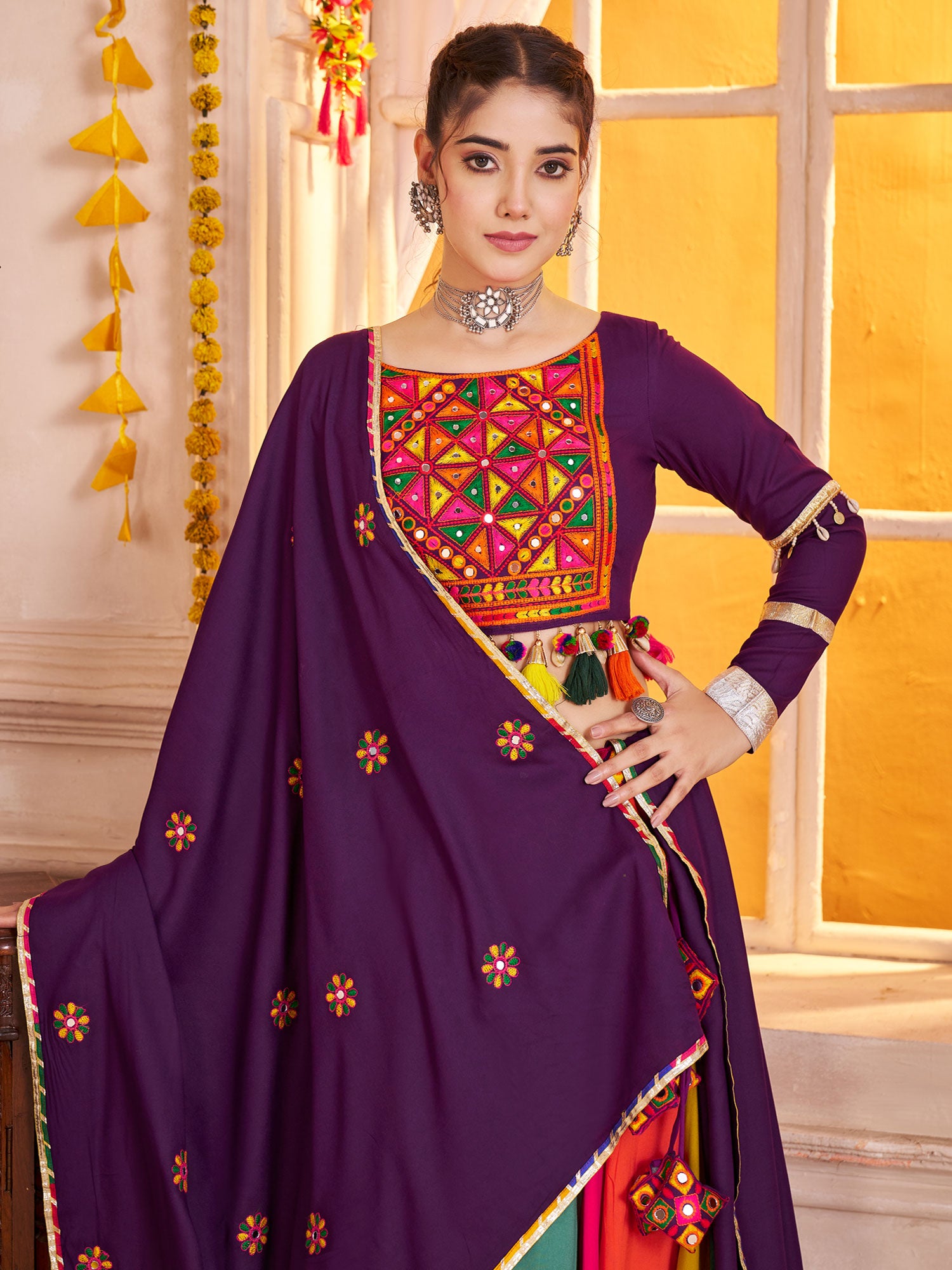 Multicolor Navaratri Lehenga Choli Set In Thread Work