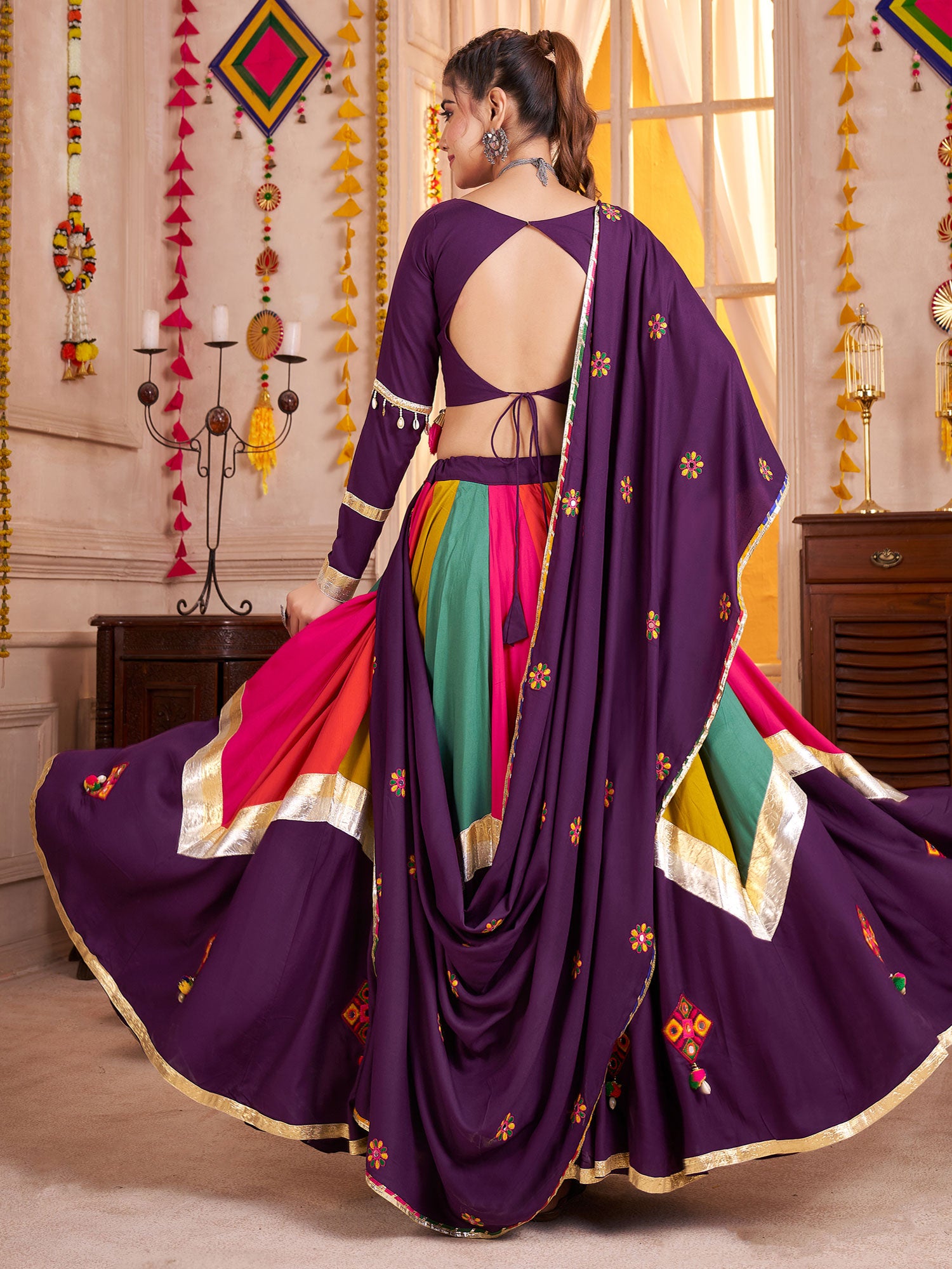 Multicolor Navaratri Lehenga Choli Set In Thread Work