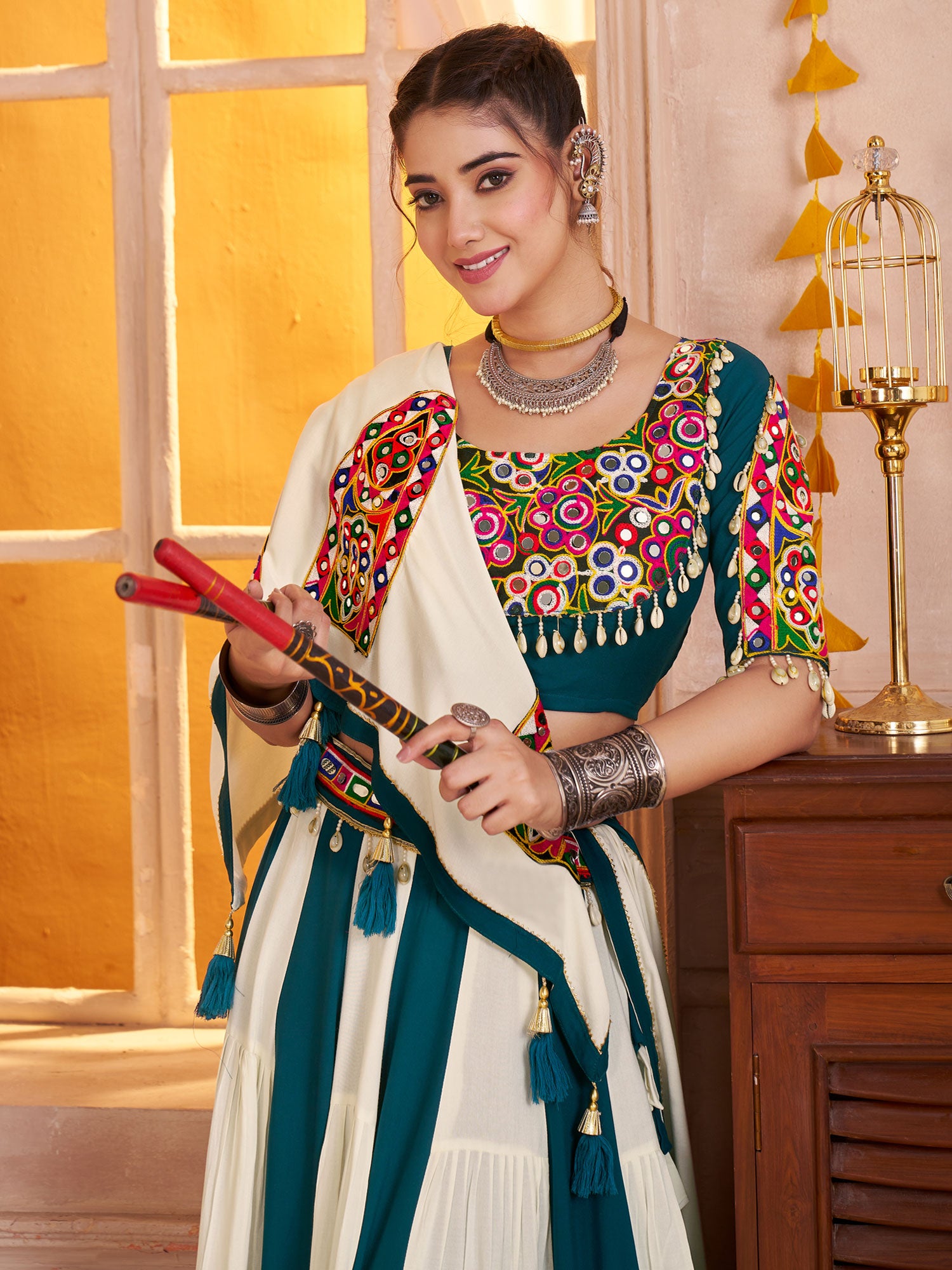 Off White And Blue Embroidered Festive Lehenga Set