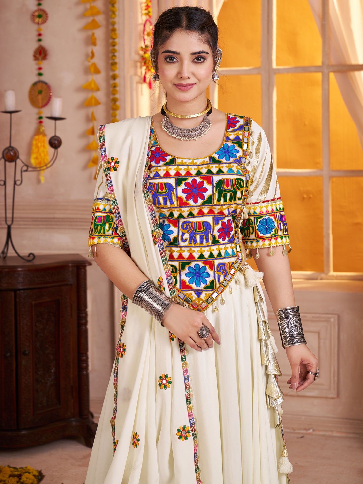 Off White Navaratri Lehenga Set In Woven Pattern
