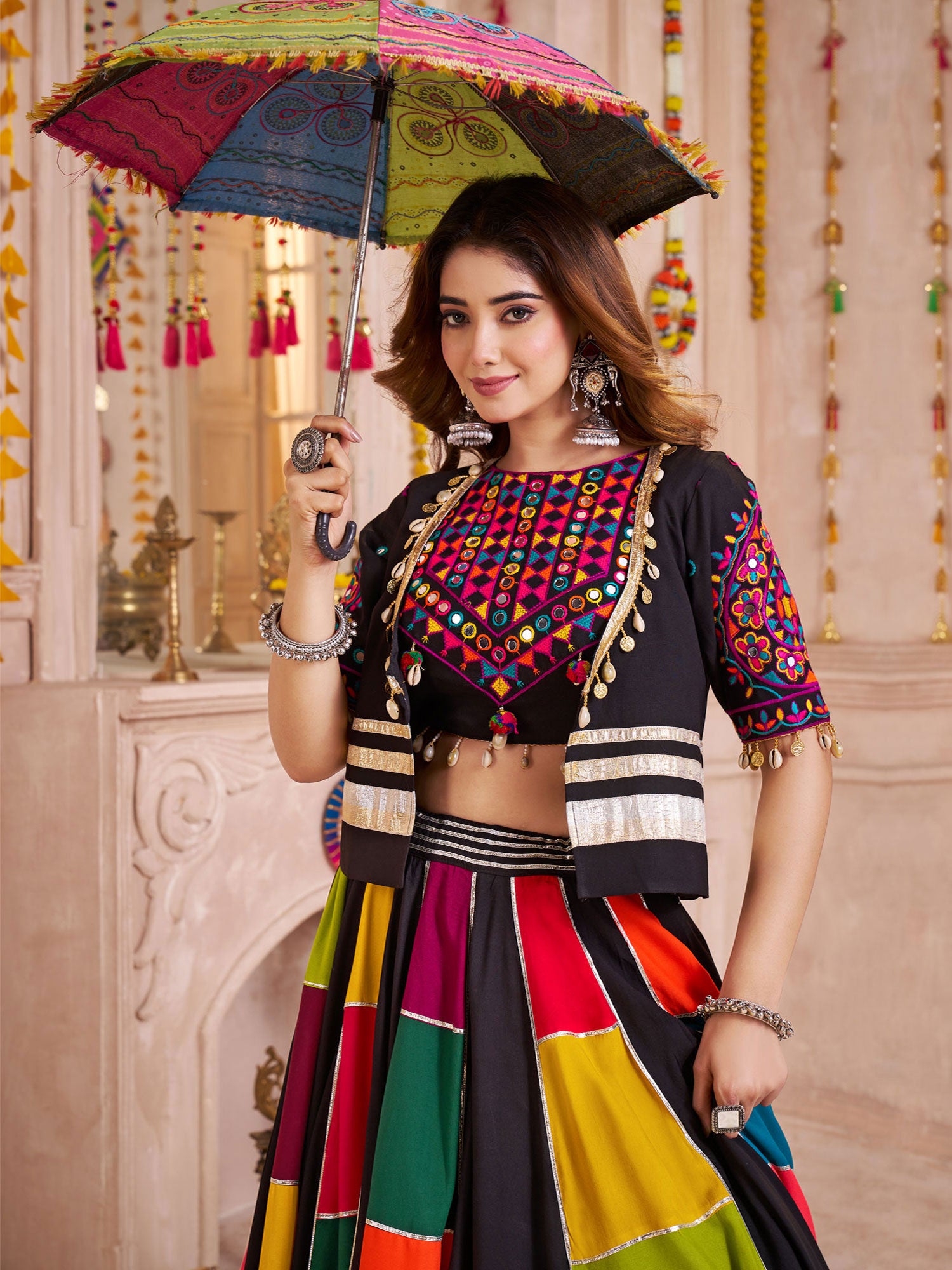 Multicolor Mirrror Work Lehenga Set With Jacket
