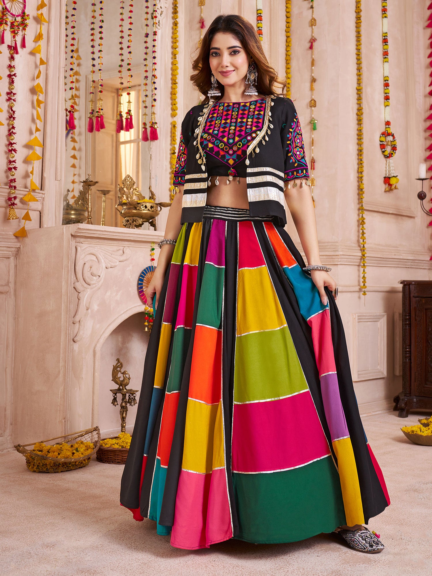 Multicolor Mirrror Work Lehenga Set With Jacket
