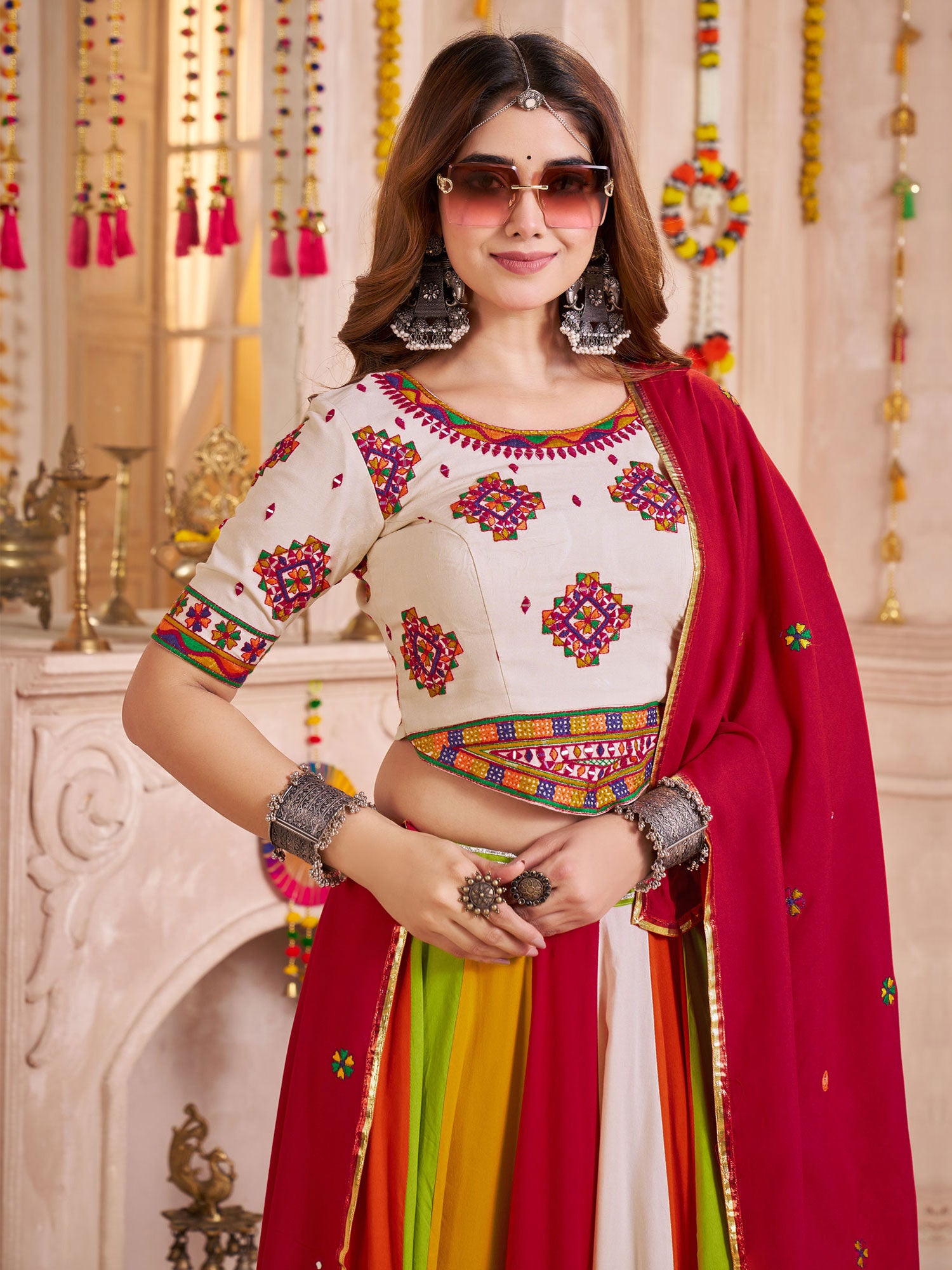 Multicolor Navratri Lehenga Choli In Cotton With Dupatta